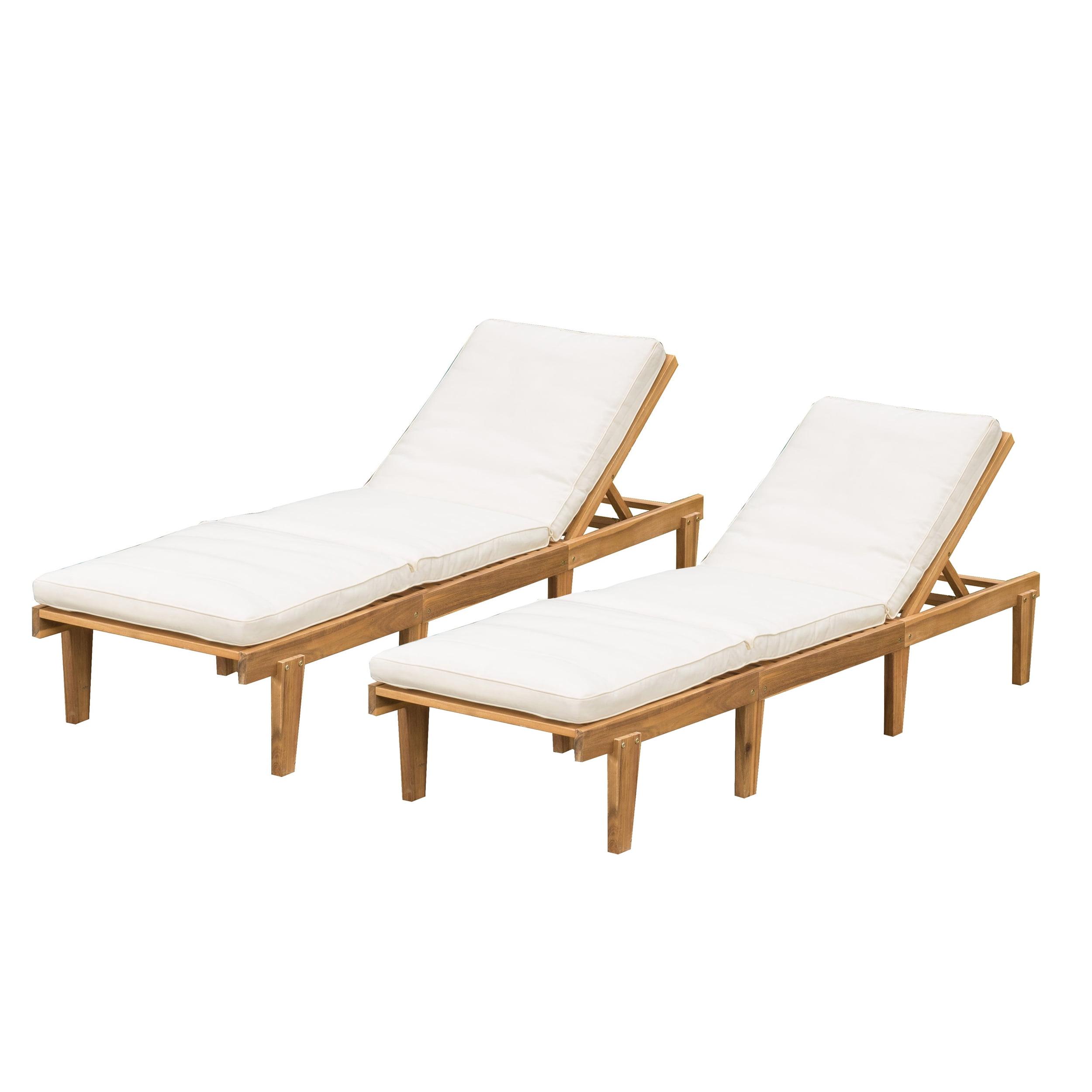 Teak Finish Acacia Wood Chaise Lounge with Cream Cushions