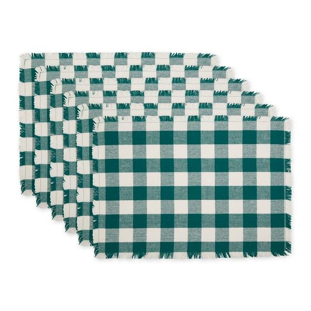 Design Imports Teal Heavyweight Check Fringed Placemat Set/6
