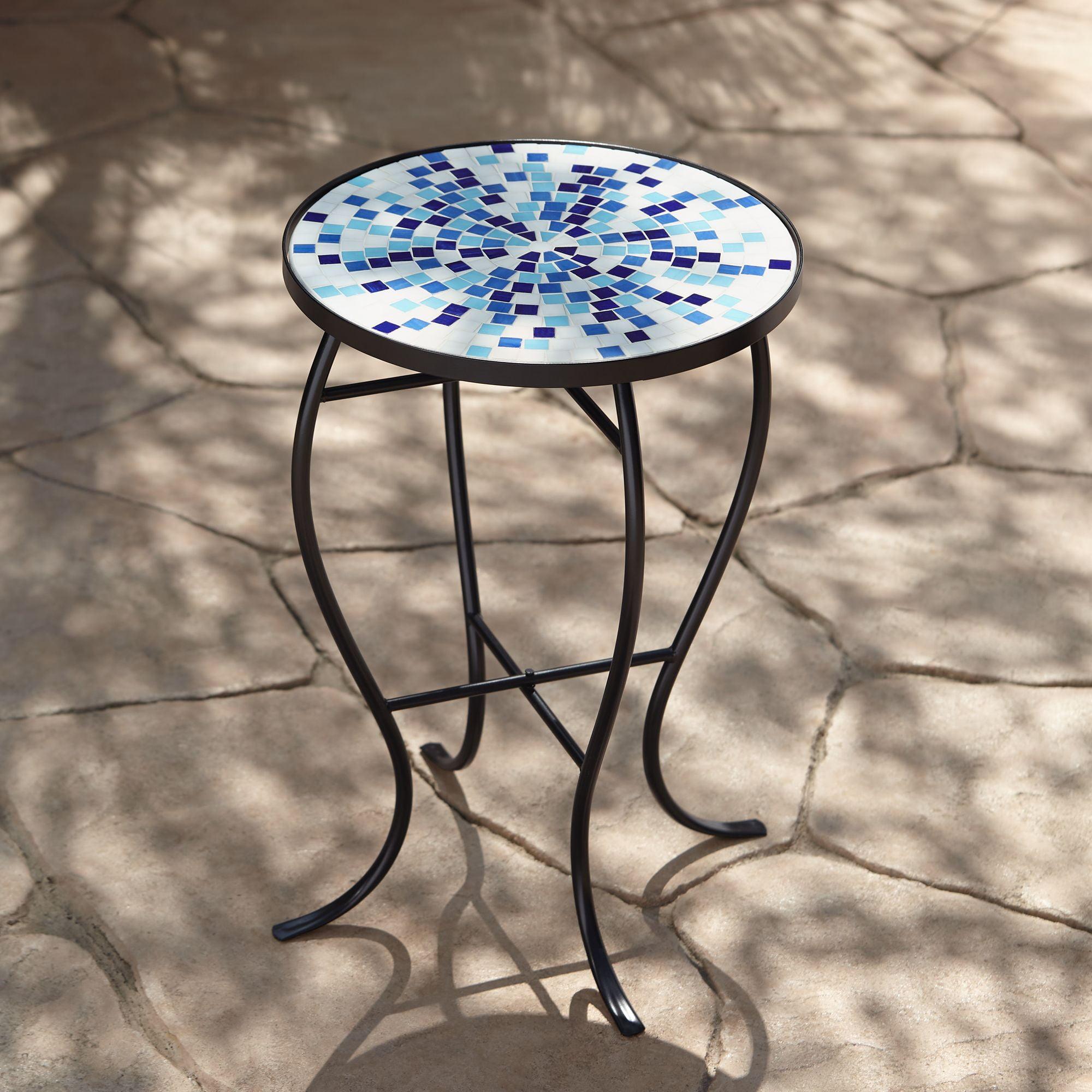 Modern Black Iron Outdoor Side Table with Aqua Mosaic Top