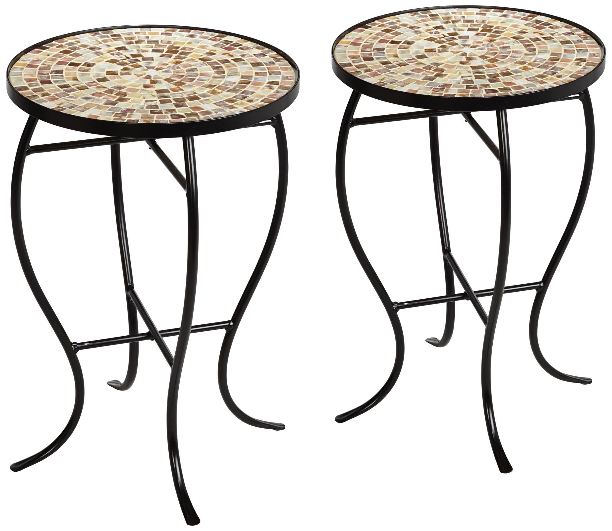 Mother of Pearl Mosaic Black Iron Outdoor Accent Tables Set of 2