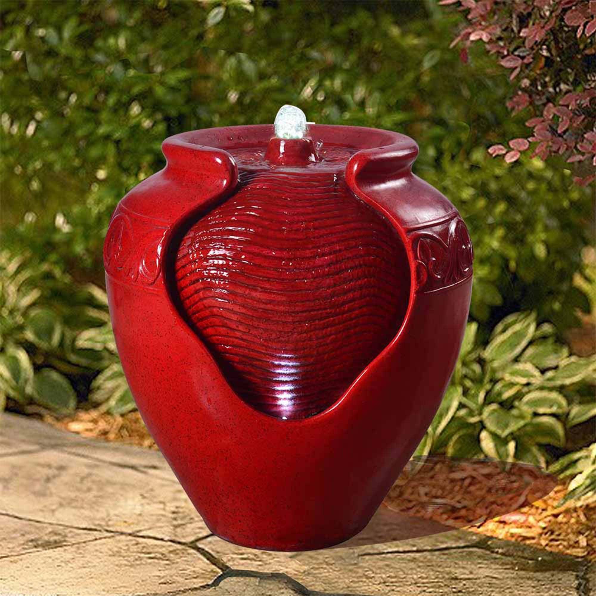 Serene Elegance 16" Red Glazed Pot LED Floor Fountain