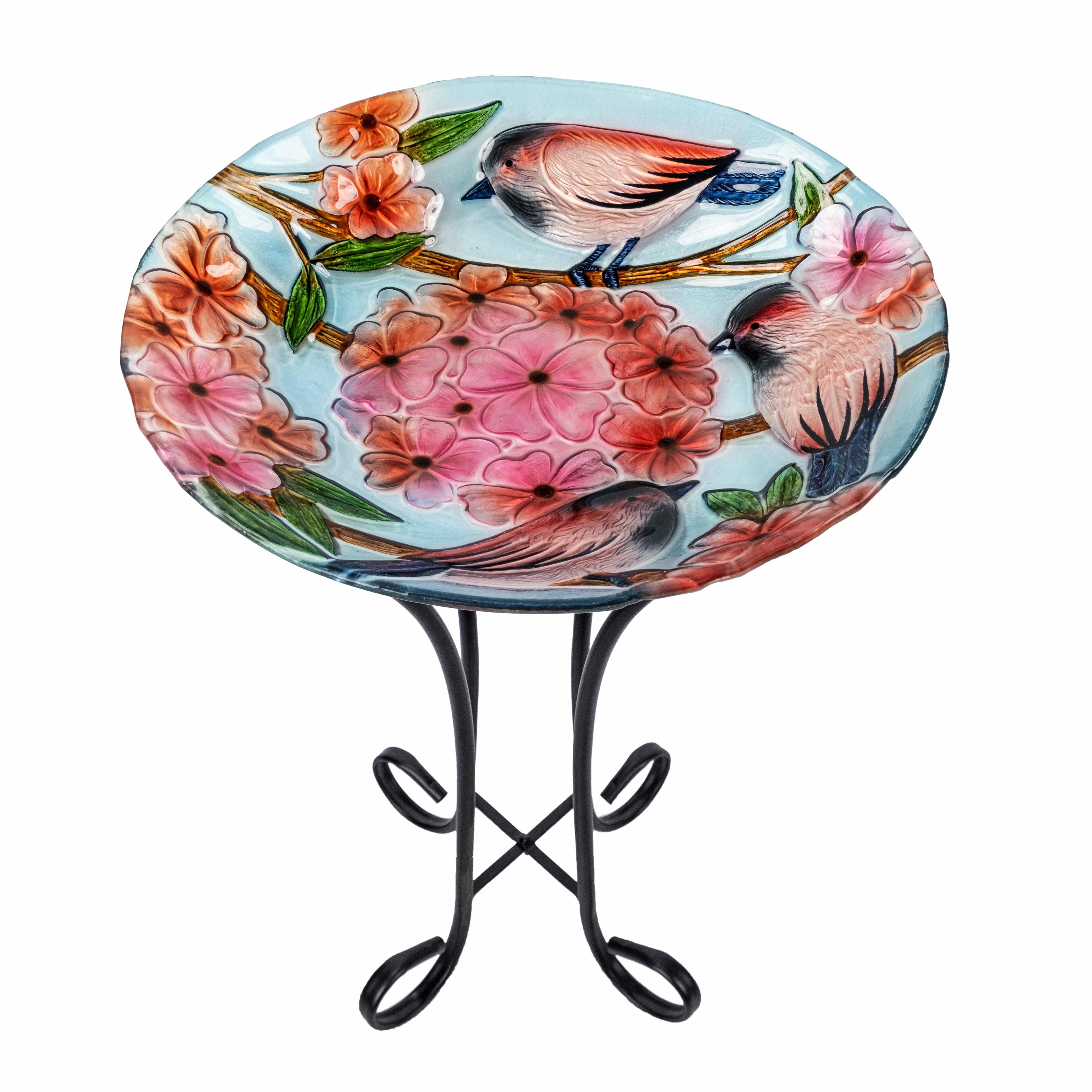 17.8" Multicolor Glass Birdbath with Metal Stand