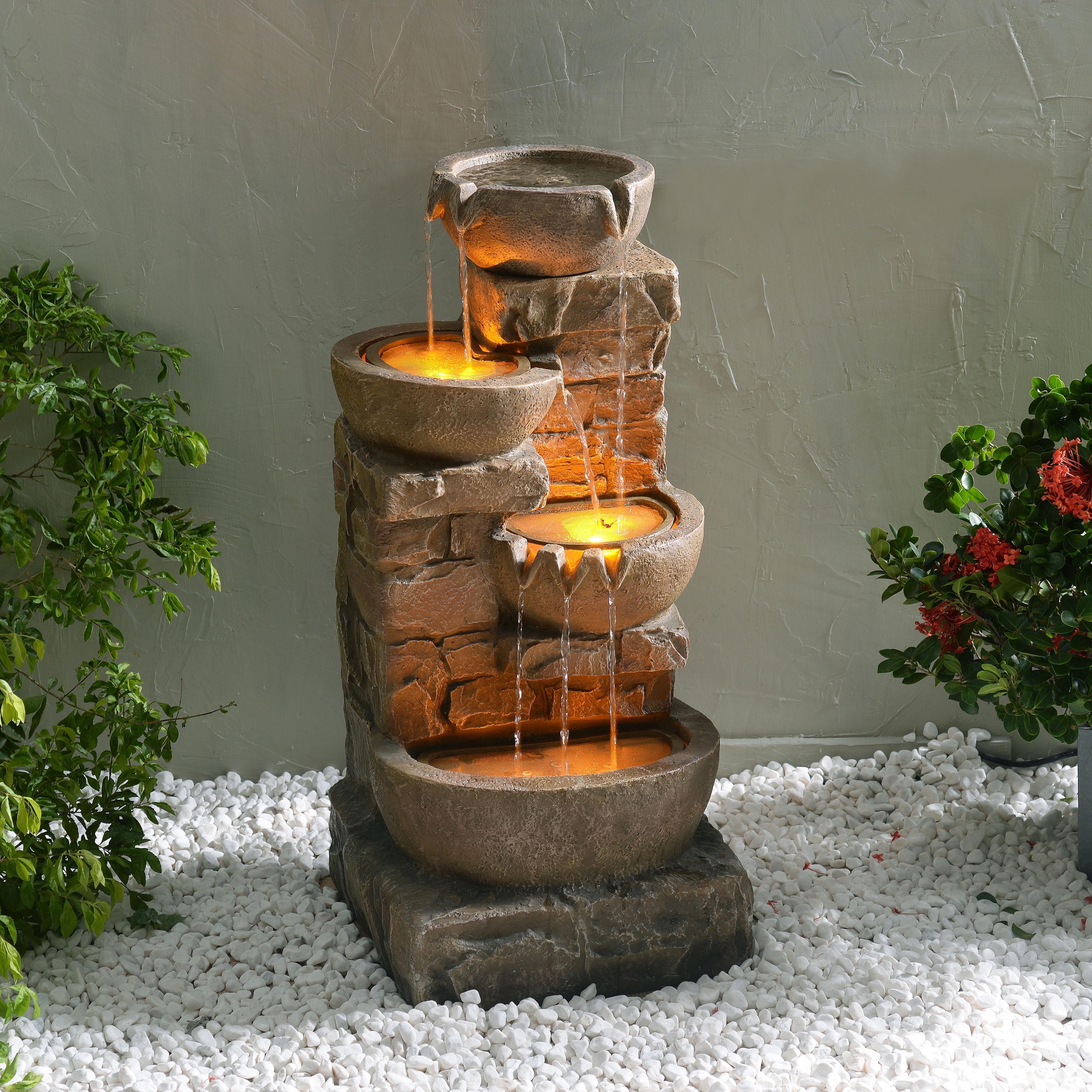 33.27" Brown Polyresin Cascading Bowls and Stacked Stones LED Fountain