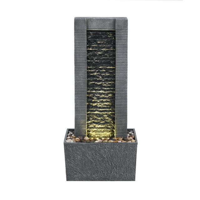 Wrought Studio™ Outdoor Water Fountain for Garden, Patio or Backyard-Freestanding Stone Design with Waterfall Feature & LED Lights