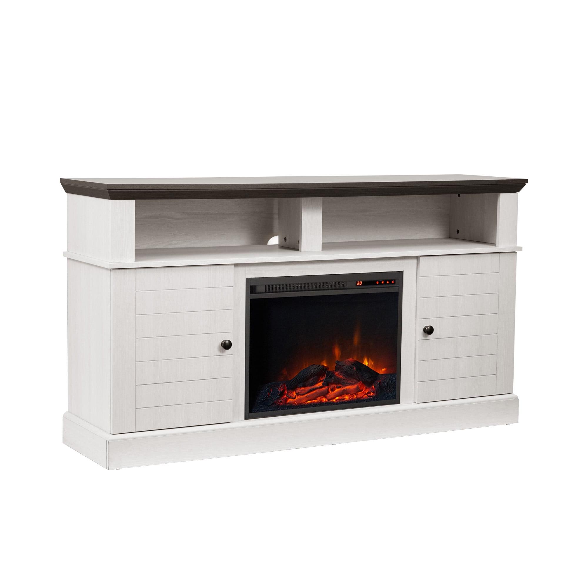 Eliana 60" White and Dark Oak Fireplace TV Stand with Cabinets