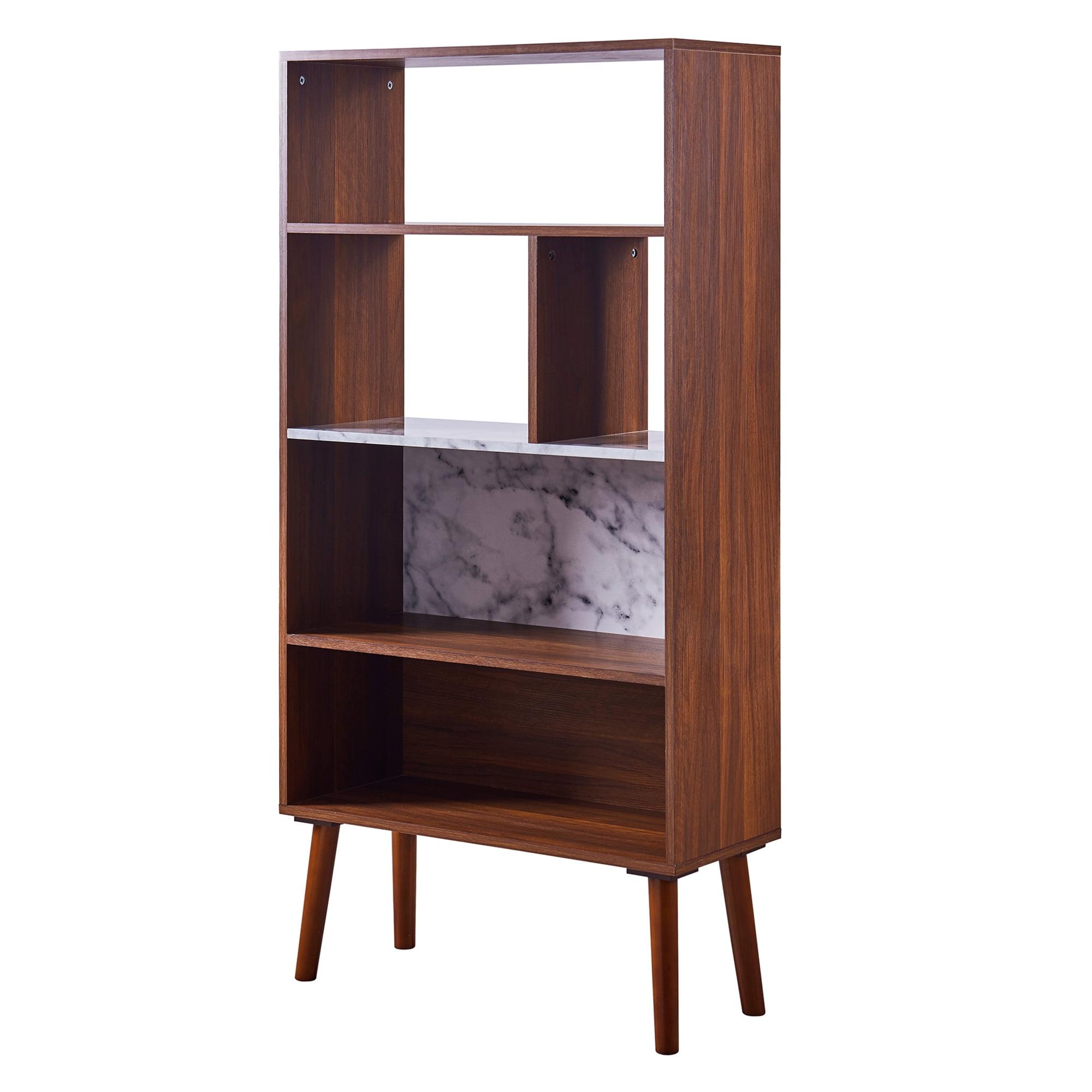 Kingston Mid-Century Modern White Walnut Bookcase with Faux Marble Top