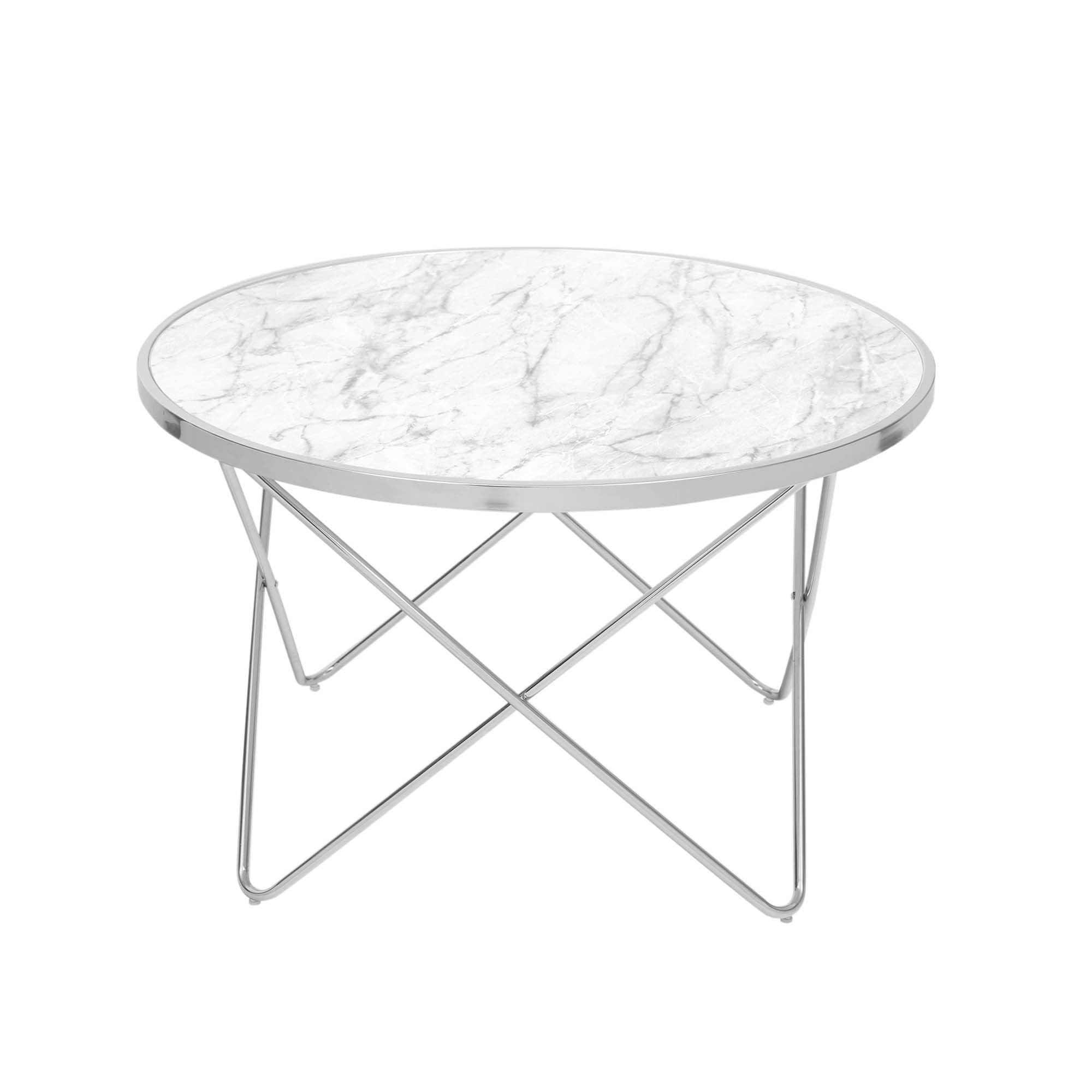 Small Round White Faux Marble Coffee Table with Silver Hairpin Legs