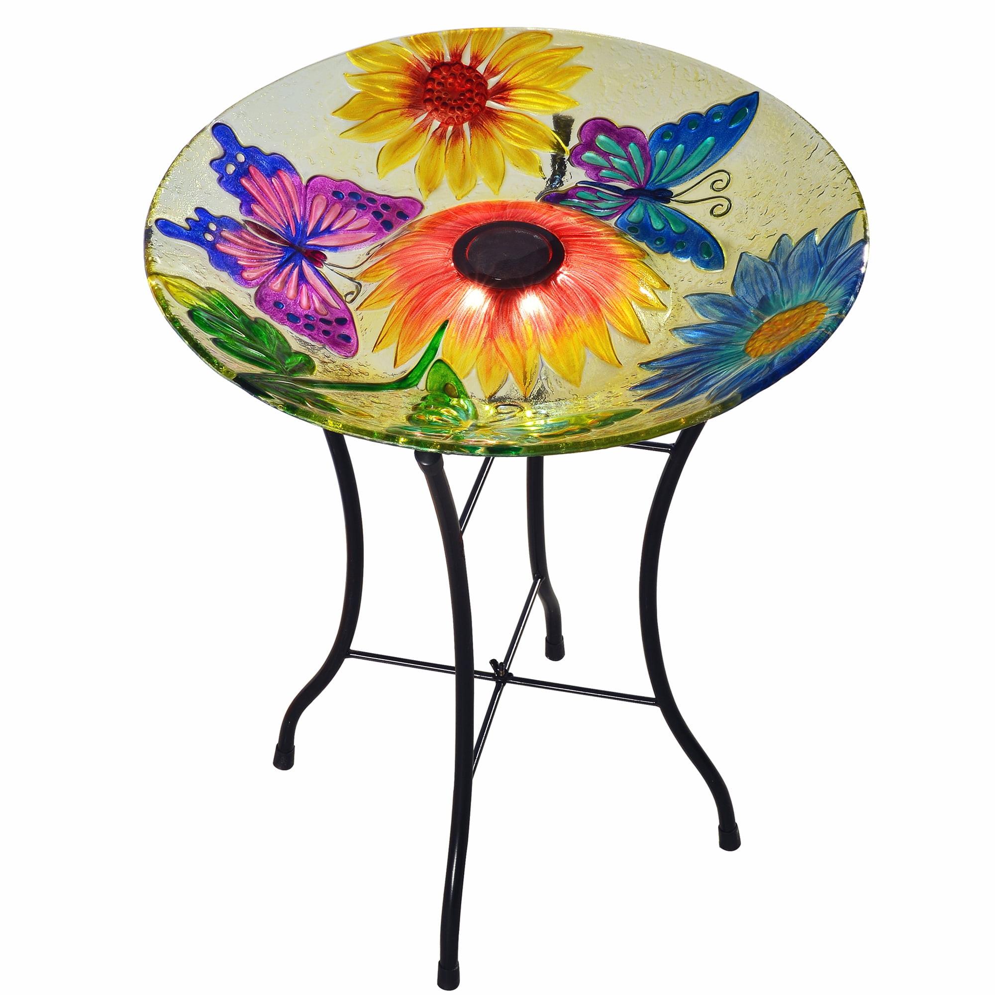 Teamson Home Outdoor 18" Hand painted Butterfly Fusion Glass Solar Bird Bath w/ Stand