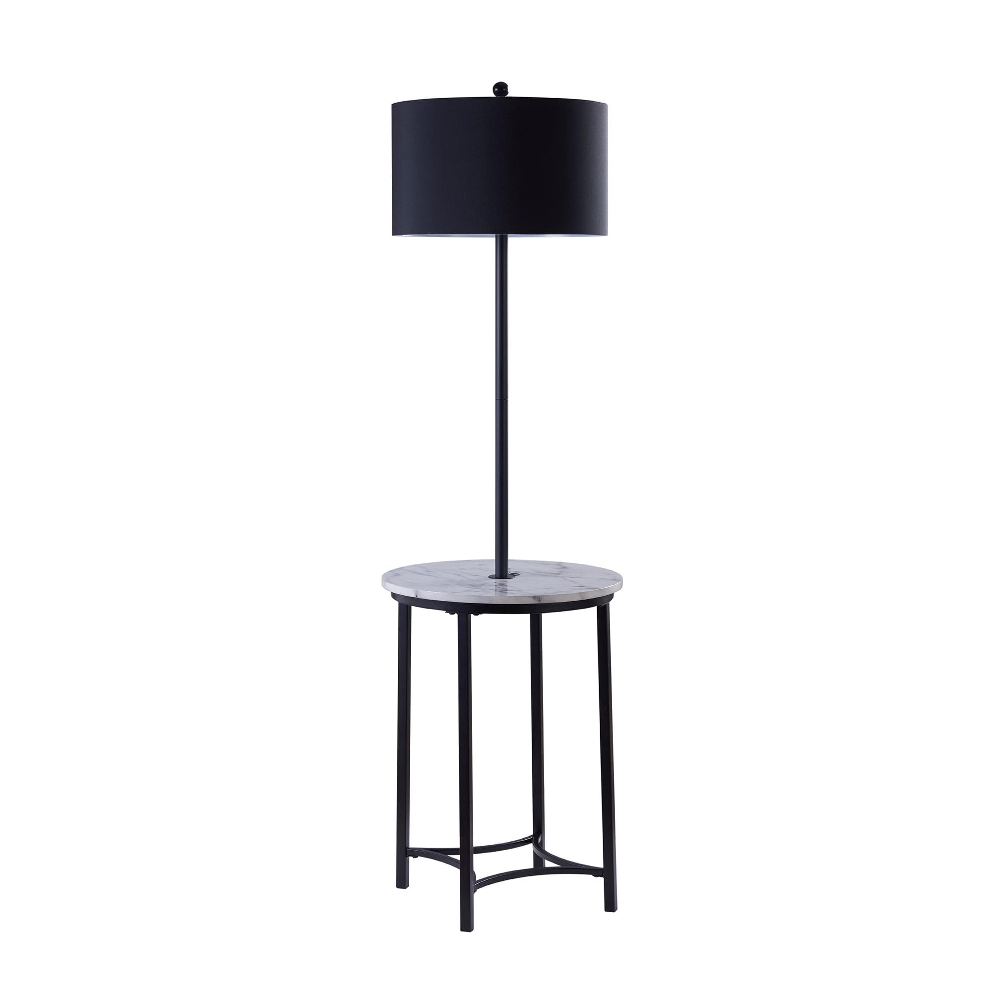 Black Metal Floor Lamp with Faux Marble Table and USB Port