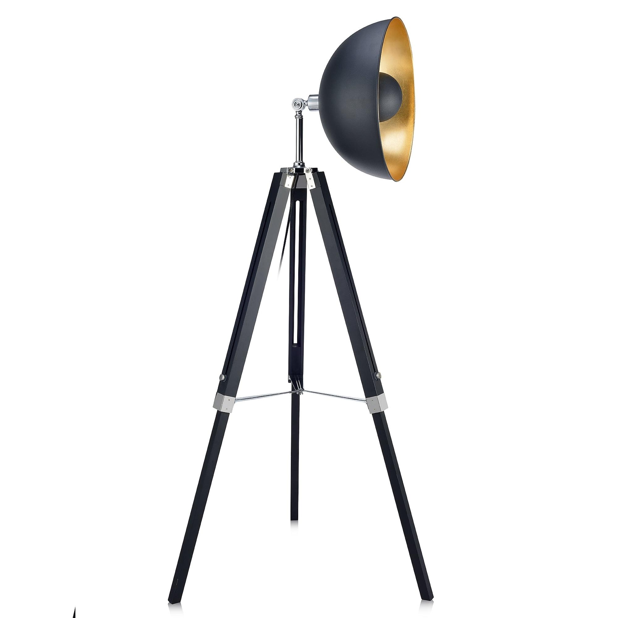 Black Adjustable Industrial Tripod Floor Lamp with Gold Interior