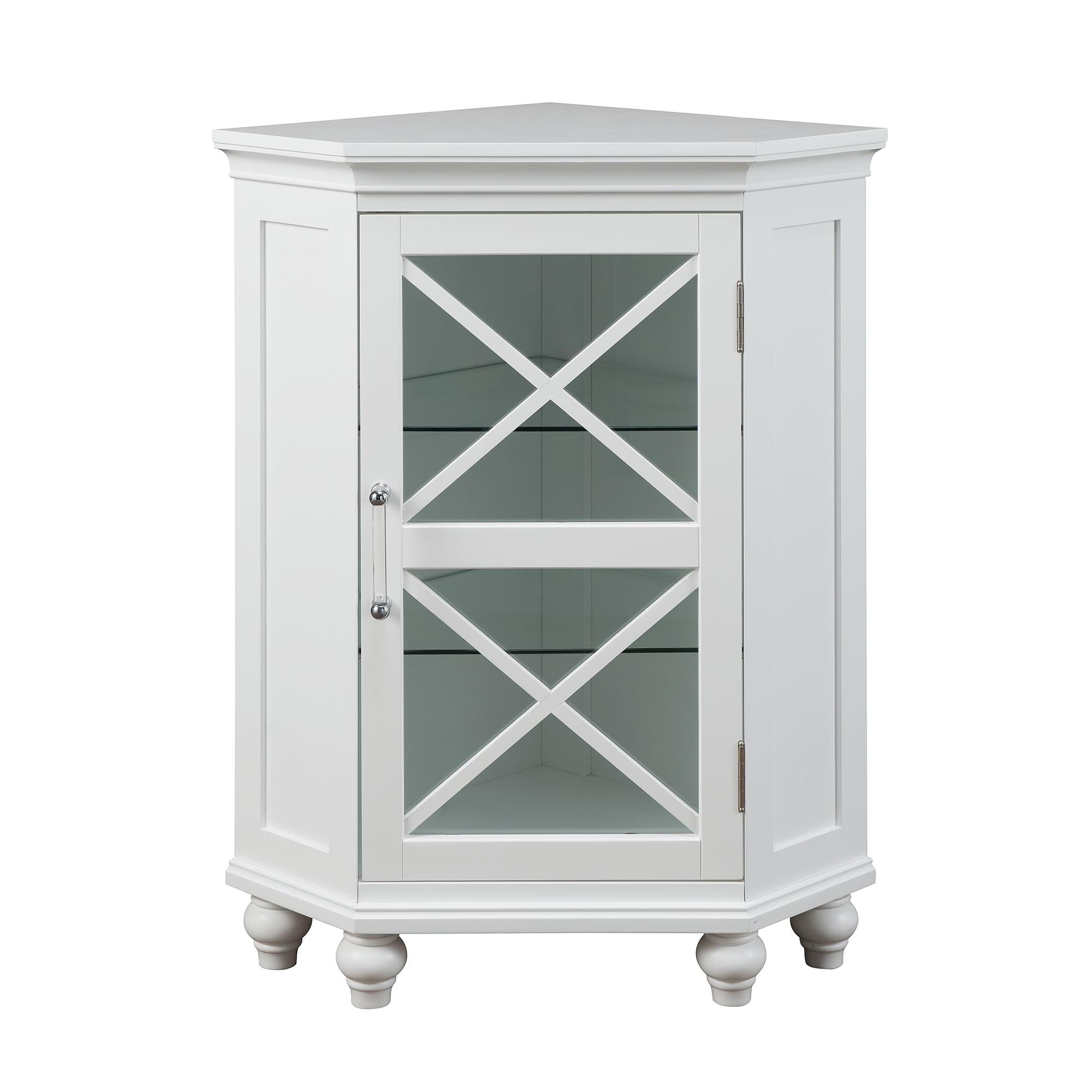 Classic White Corner Cabinet with Blue Accents and Adjustable Shelves
