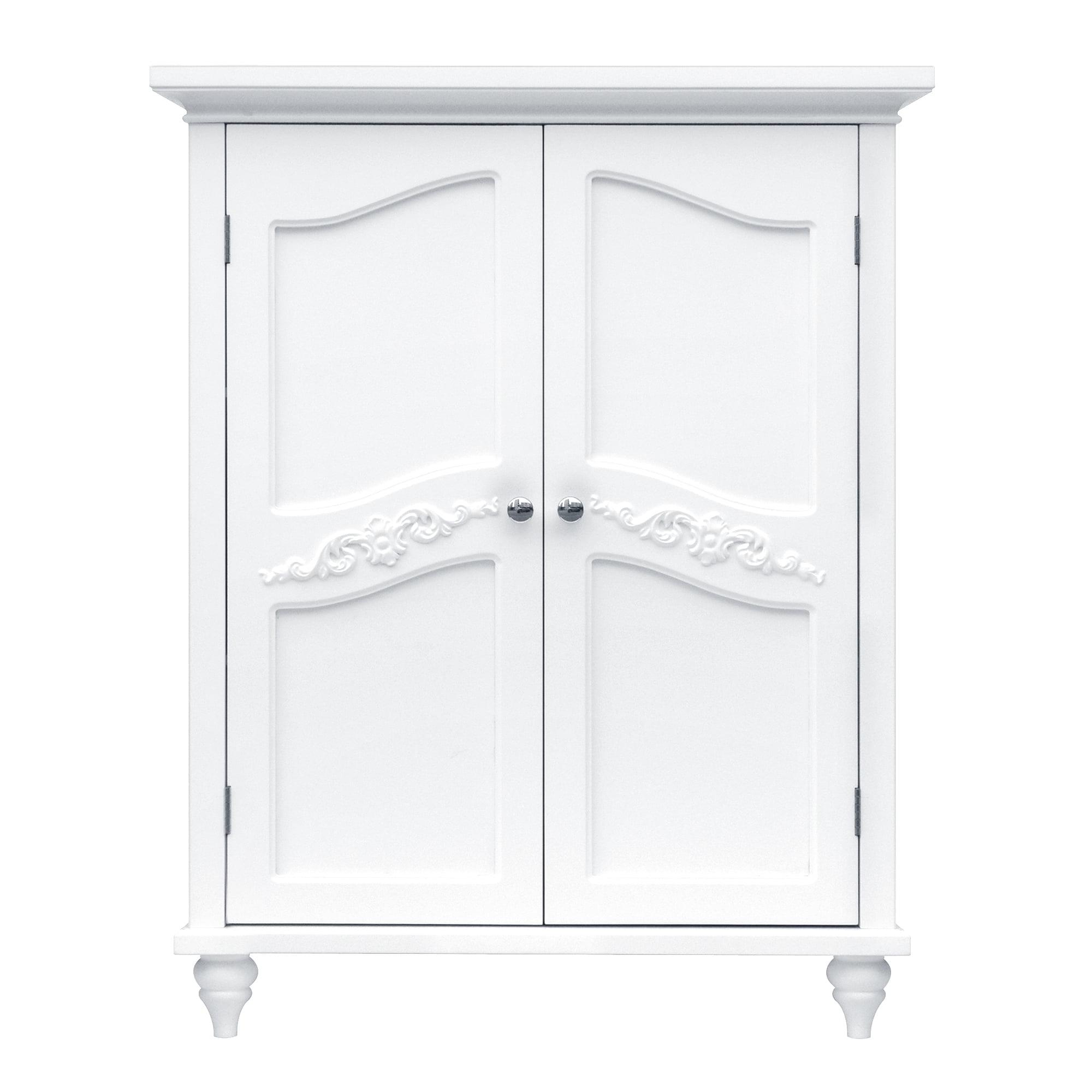 White Wooden Cabinet with Adjustable Shelves and Engraved Doors