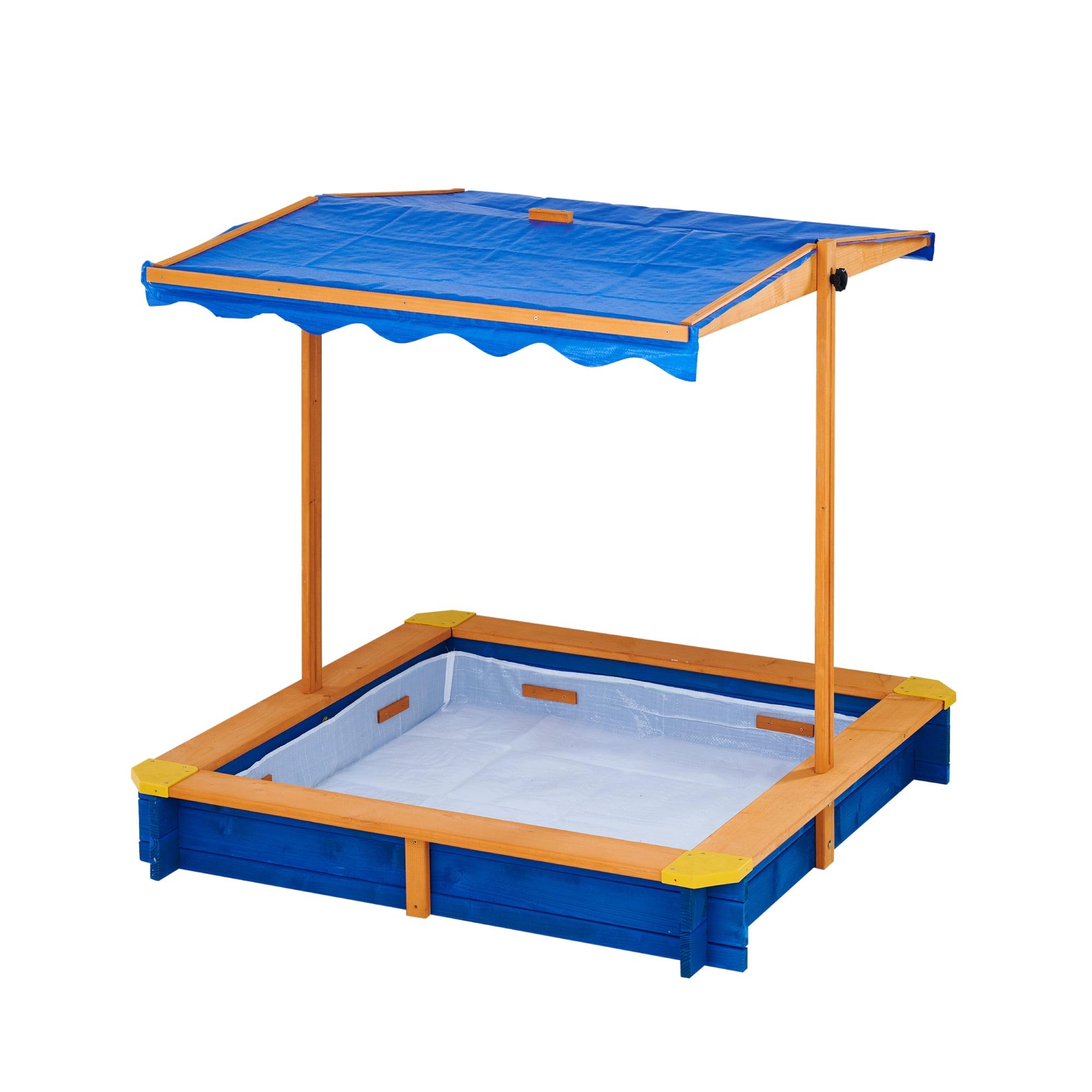 Blue and Wood Square Sandbox with Adjustable Canopy