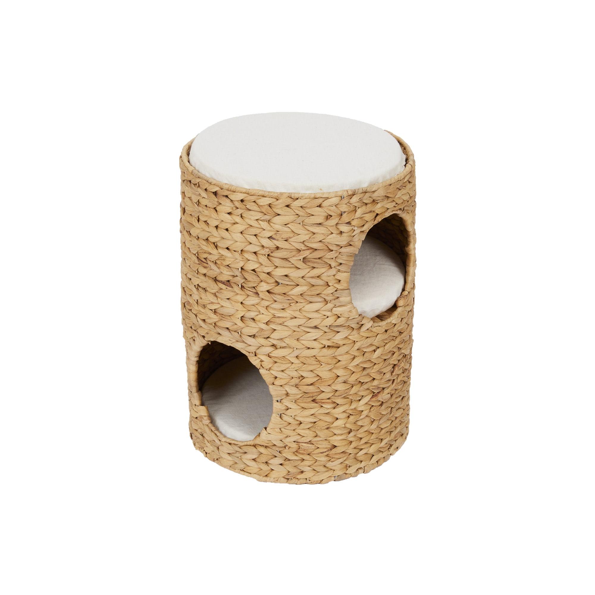 Tan Woven Water Hyacinth 3-Tier Cat Tower with Cushions