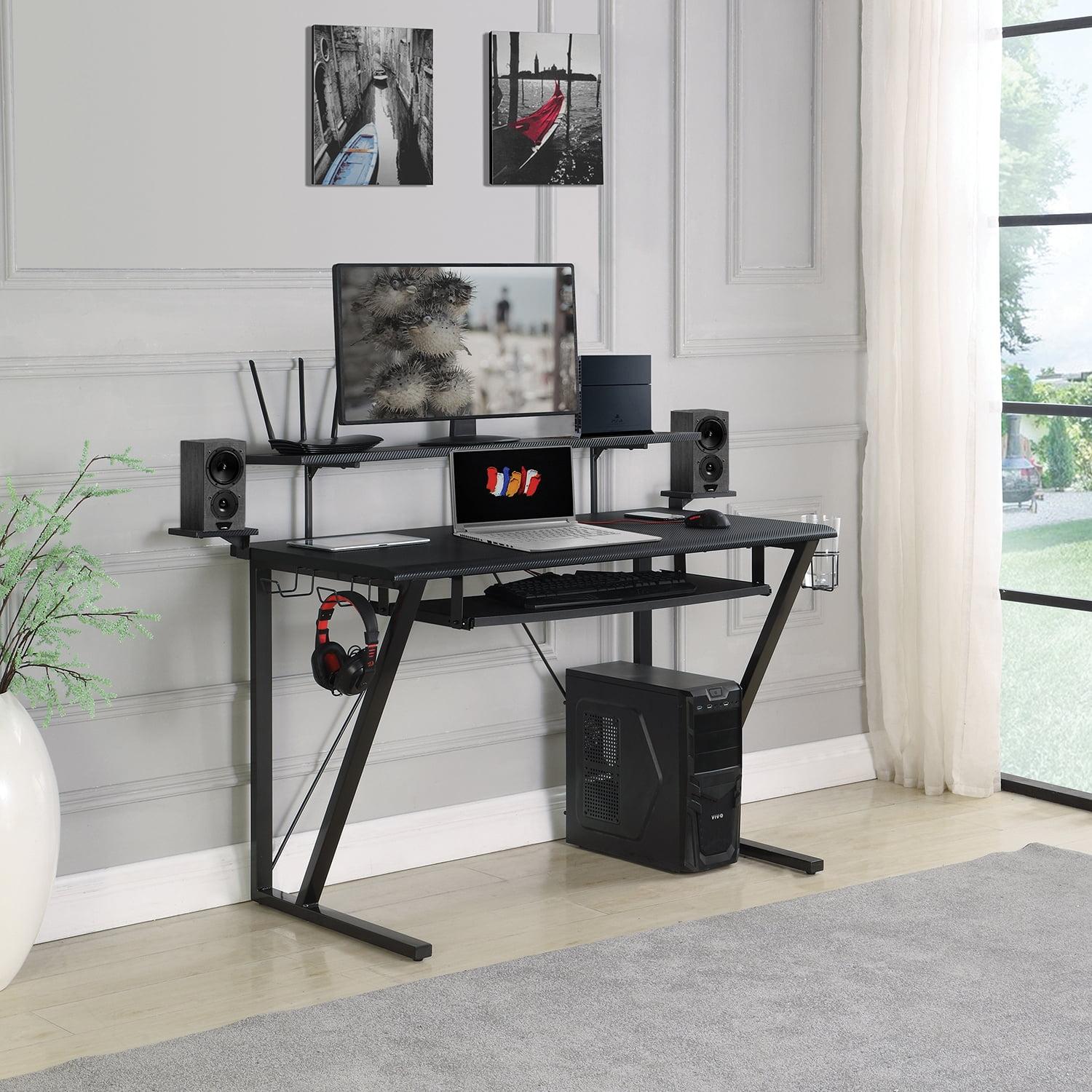 Black Metal Gaming Desk with Hutch and Cup Holder