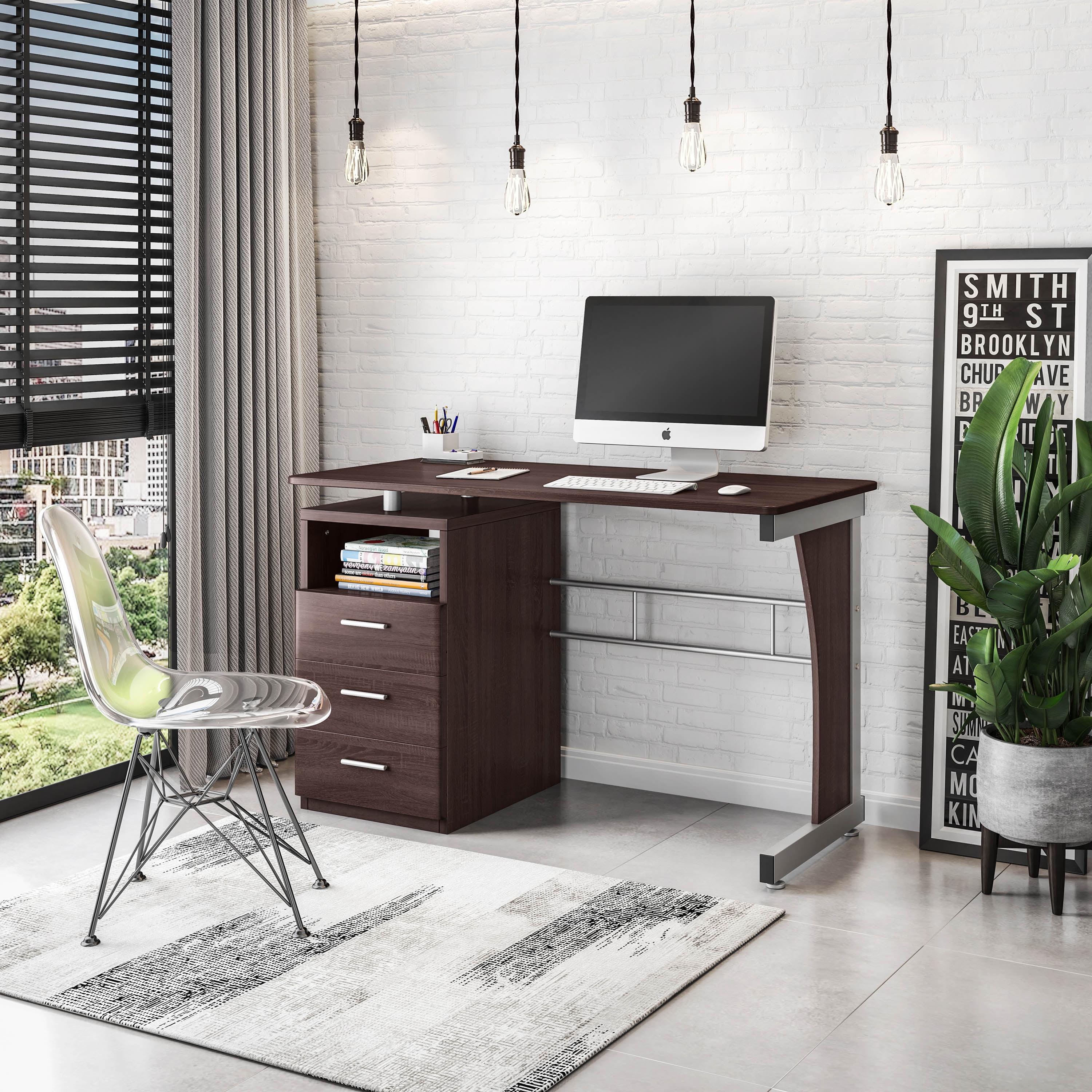 Chocolate Brown Wood Computer Desk with Storage and Keyboard Tray