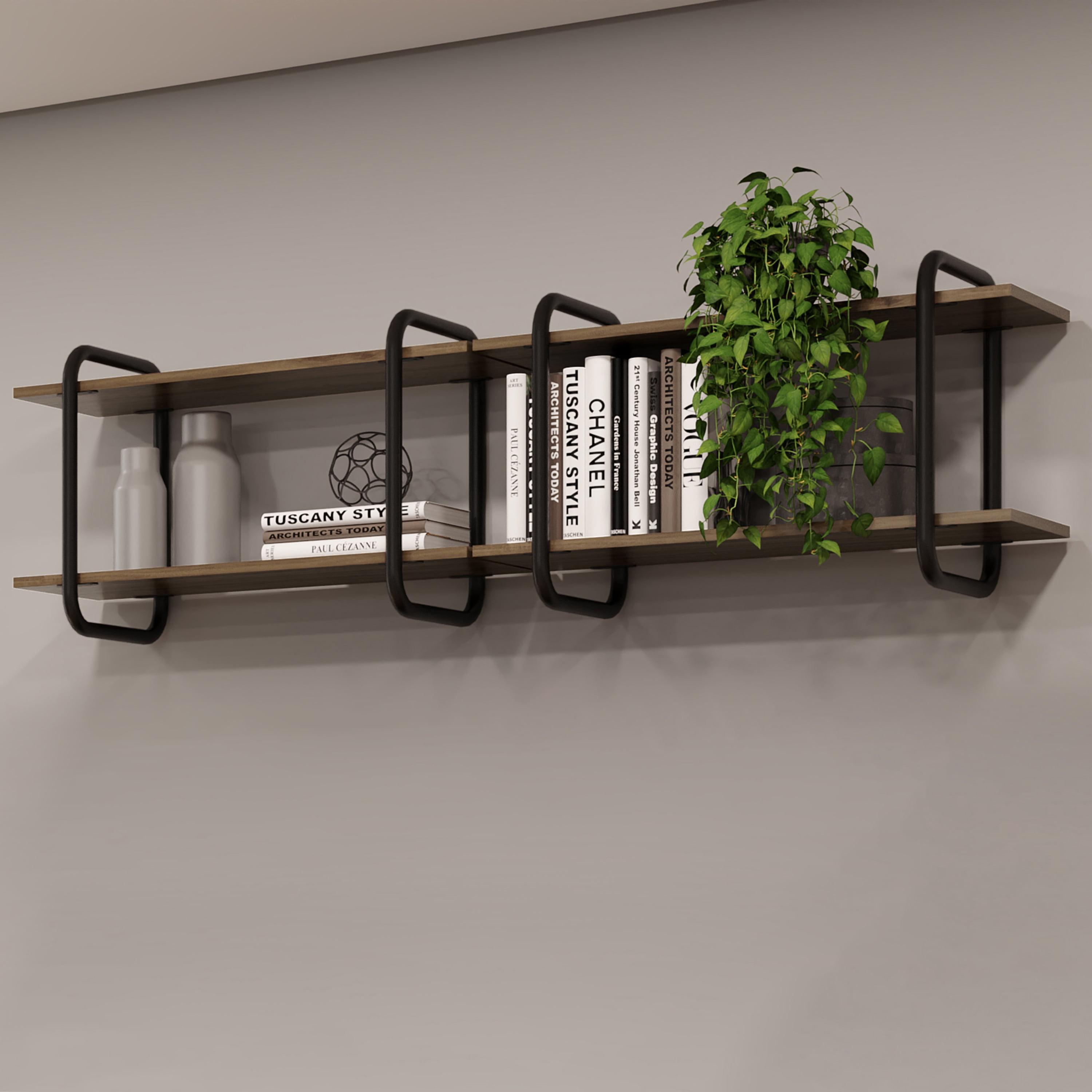 Elegant Walnut and Steel 2-Tier Floating Wall Shelf