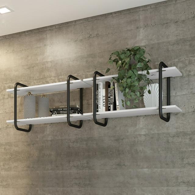 Modern Floating Wall Shelves White - Techni Mobili: 2-Tier, Steel Frame, Decorative Storage
