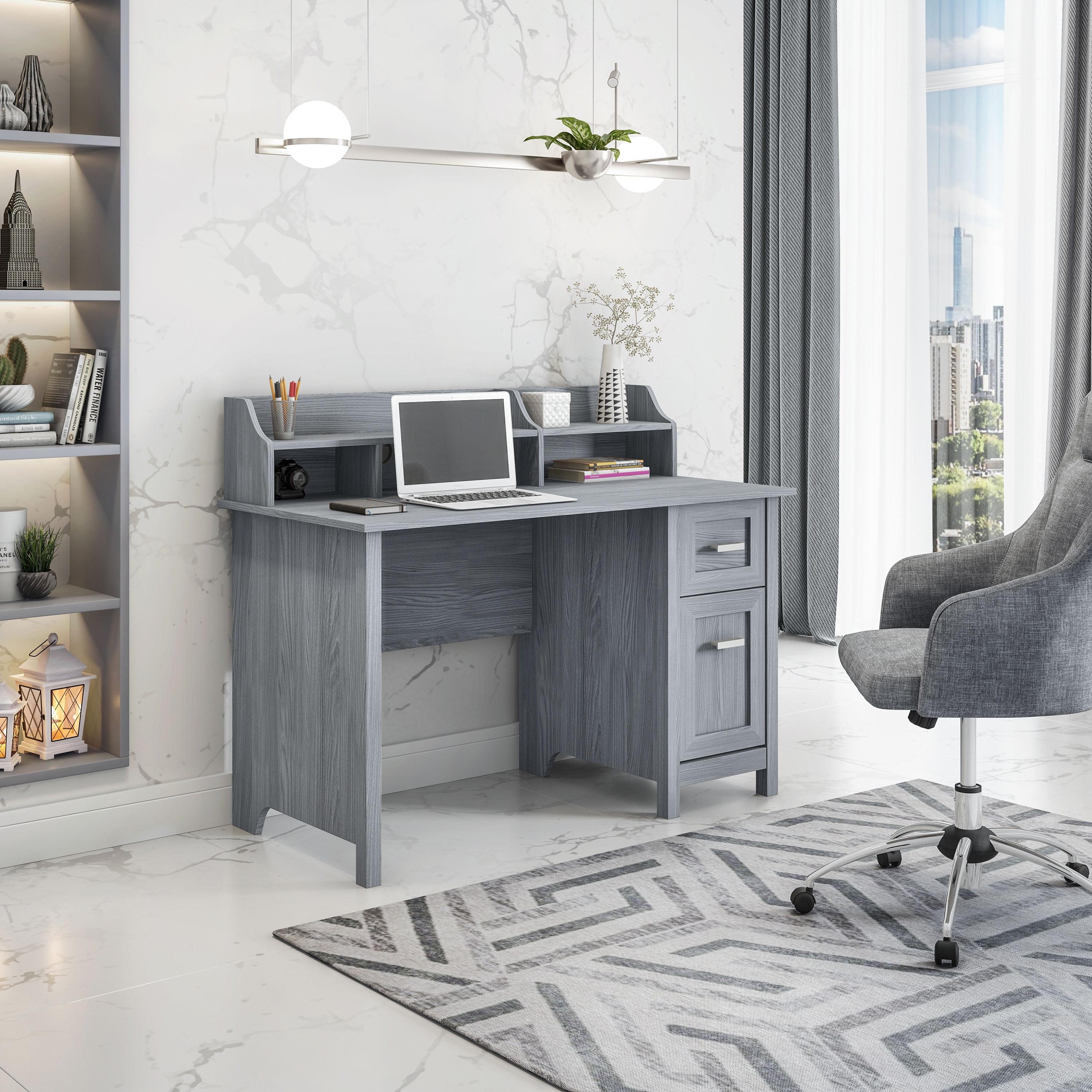 Modern Gray Wood-Design Office Desk with Hutch and Drawers