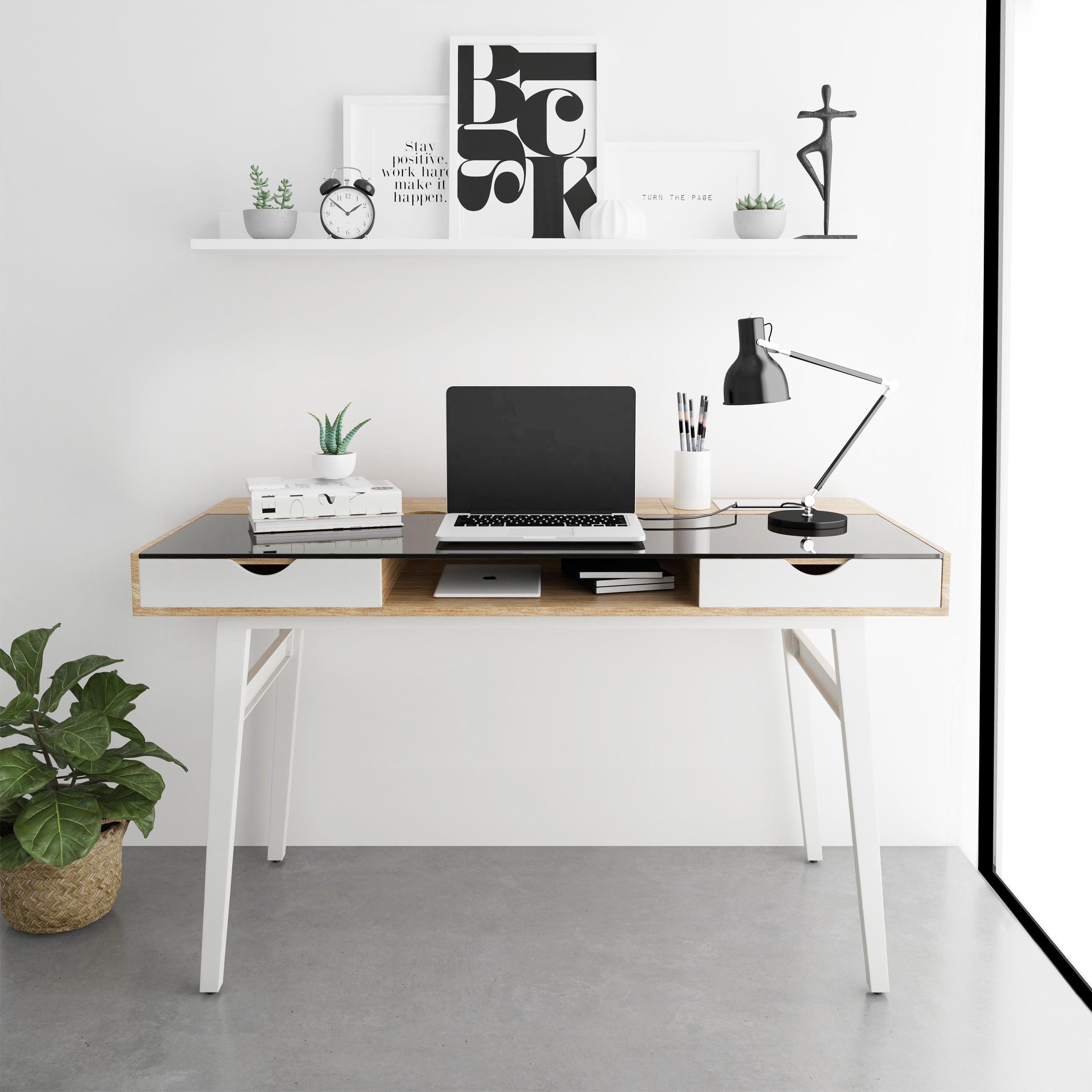 Modern Black Glass and Walnut Computer Desk with Storage