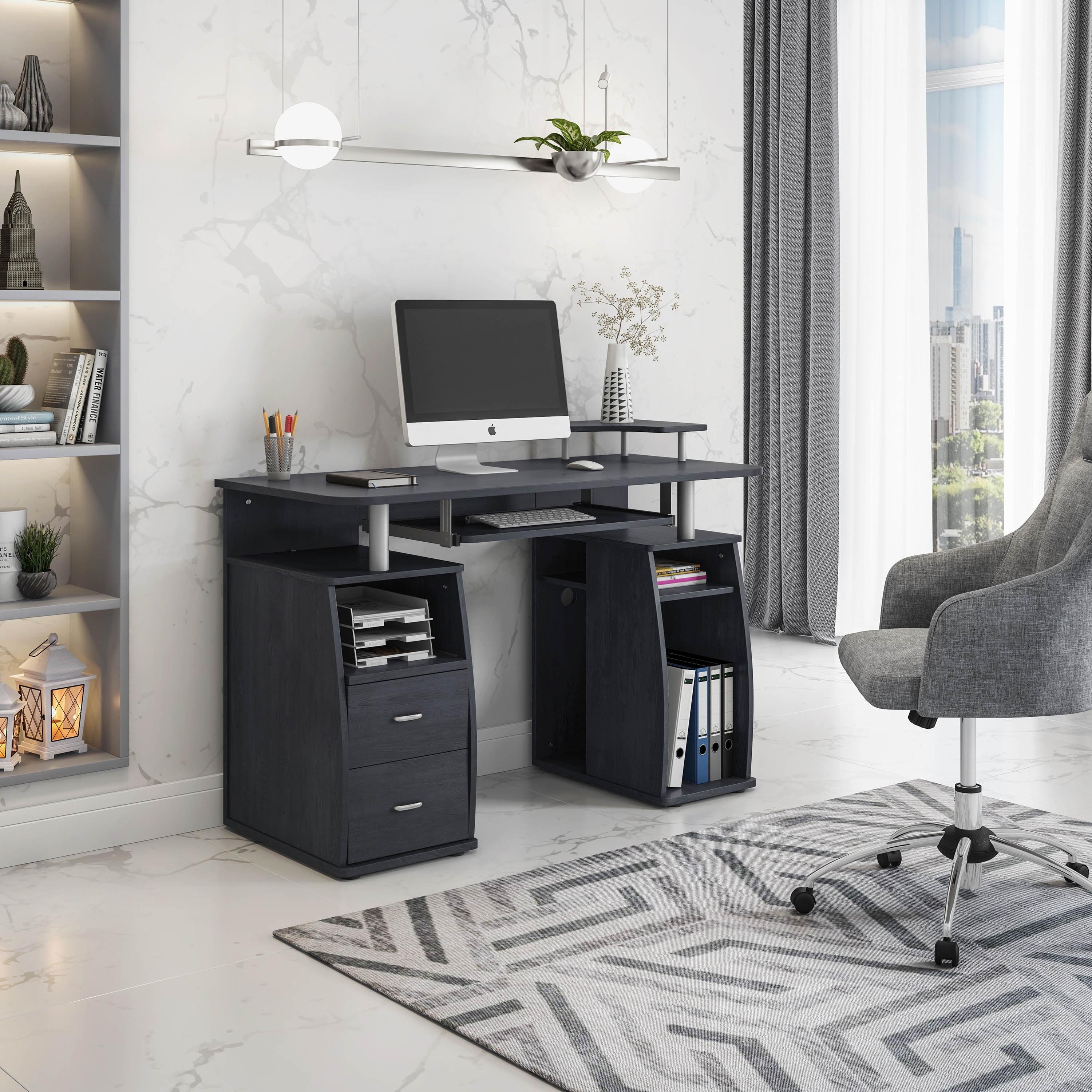 Espresso Finish Workstation Desk with Integrated Storage and Keyboard Tray