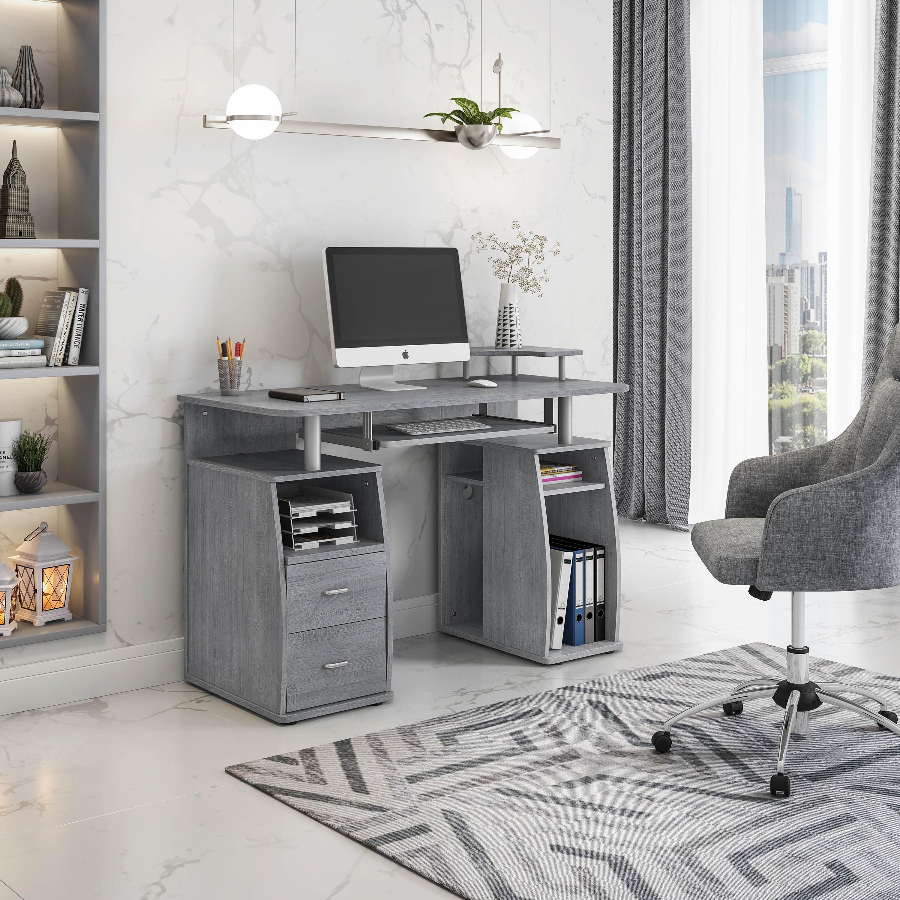 Gray MDF Computer Desk with Drawer and Keyboard Tray