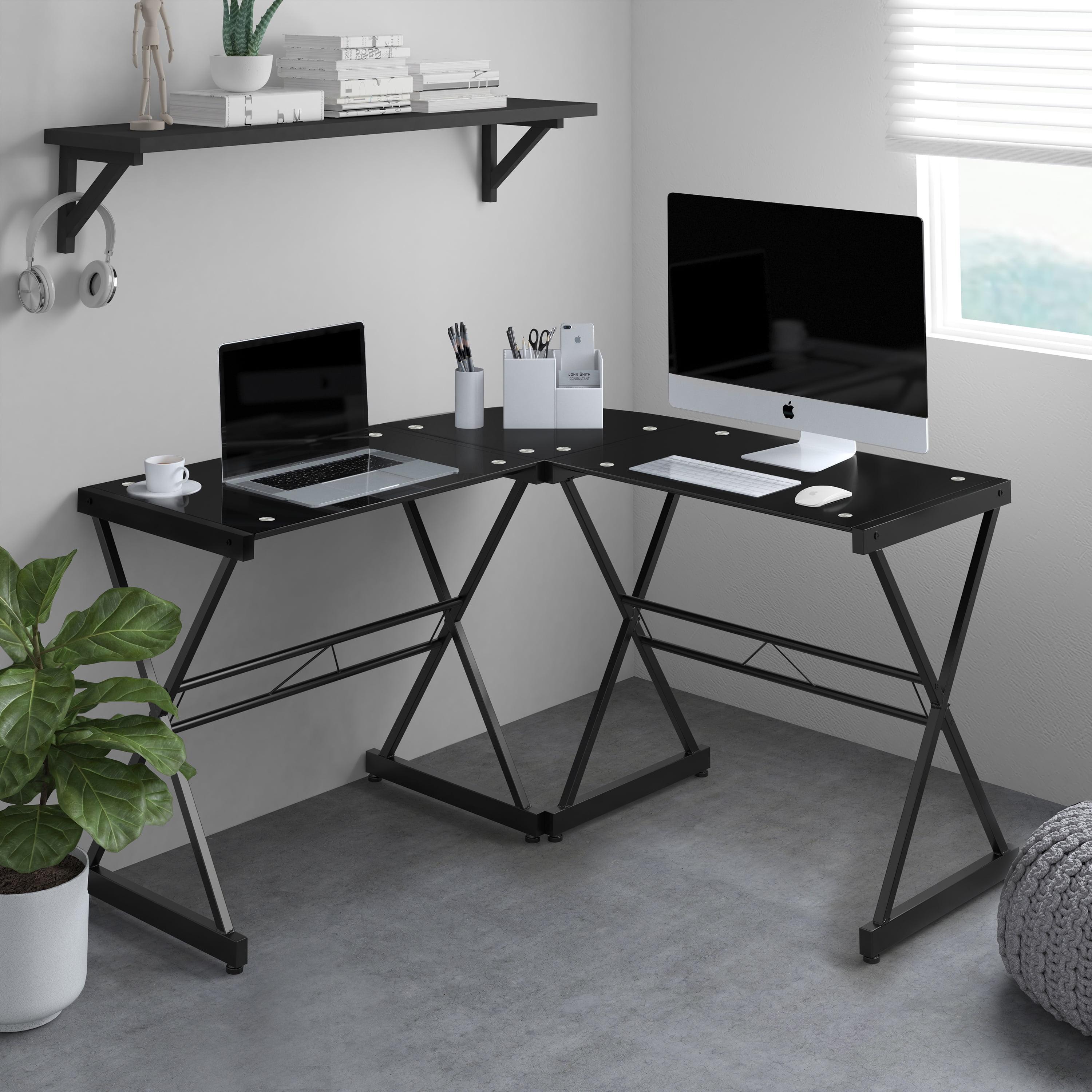 L Shaped Glass Computer Desk Black - Techni Mobili: Modern Office, Tempered Top, Steel Frame, Open Storage Shelf