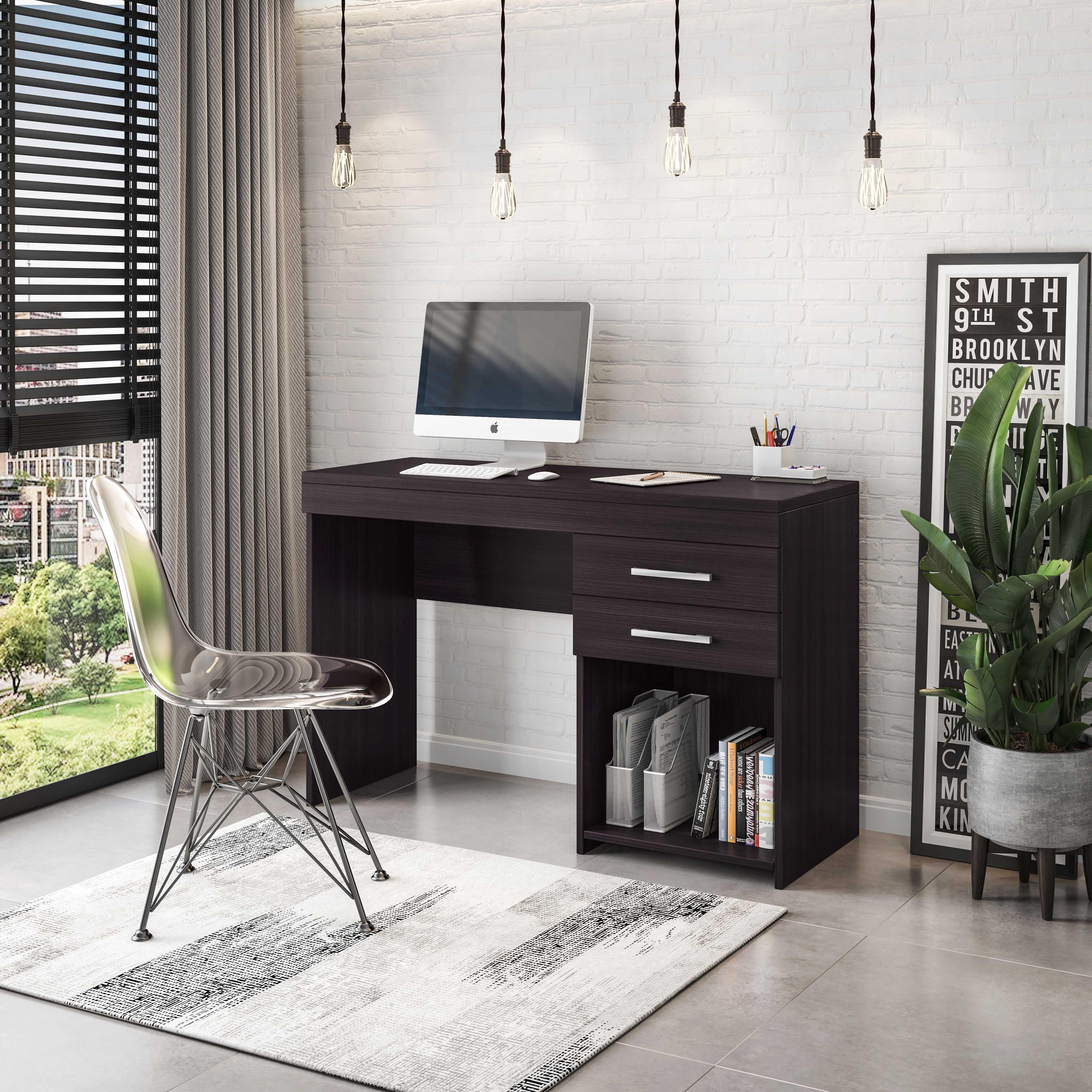 Espresso Particle Board Corner Writing Desk with Drawers