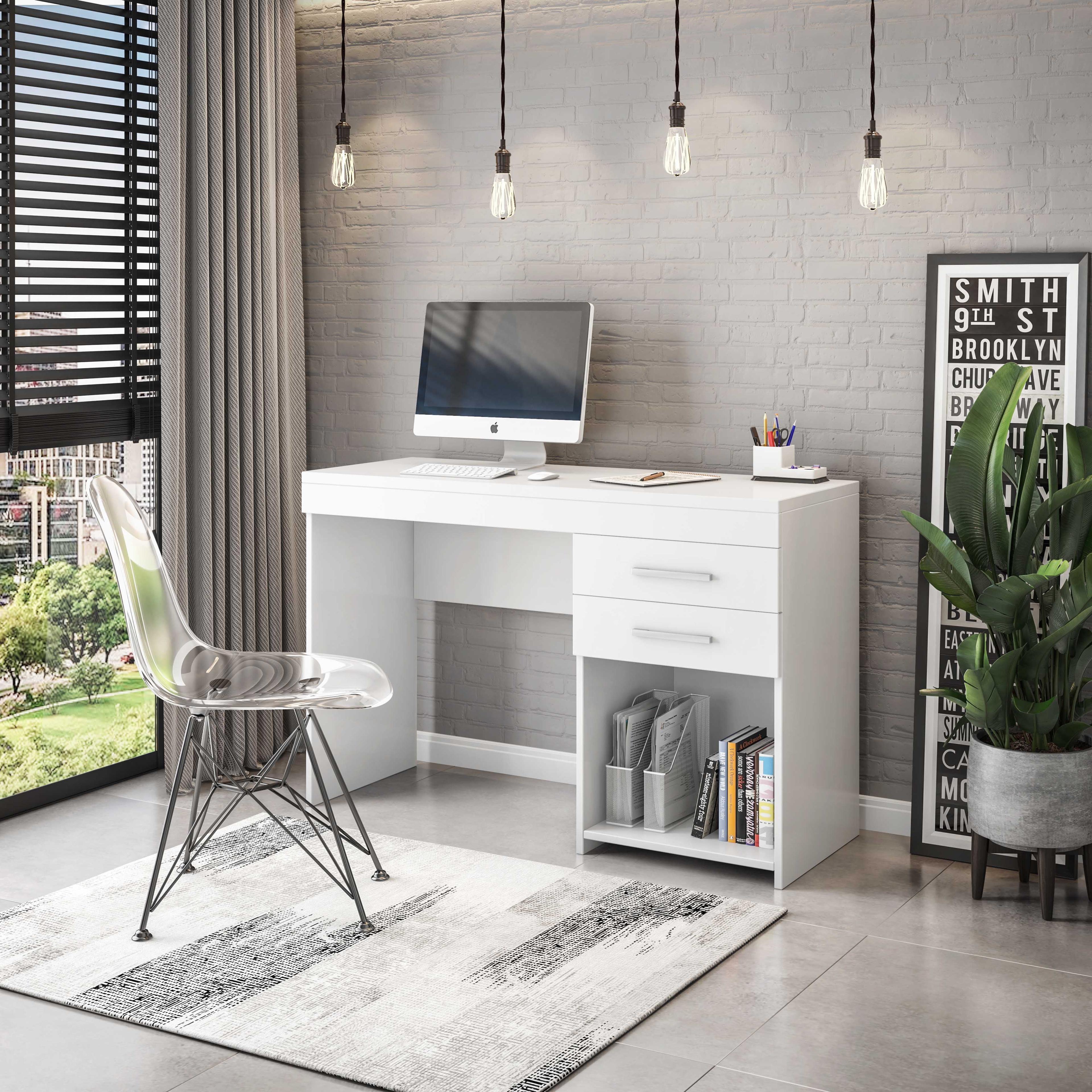 Contemporary White Particle Board Corner Writing Desk with Drawers