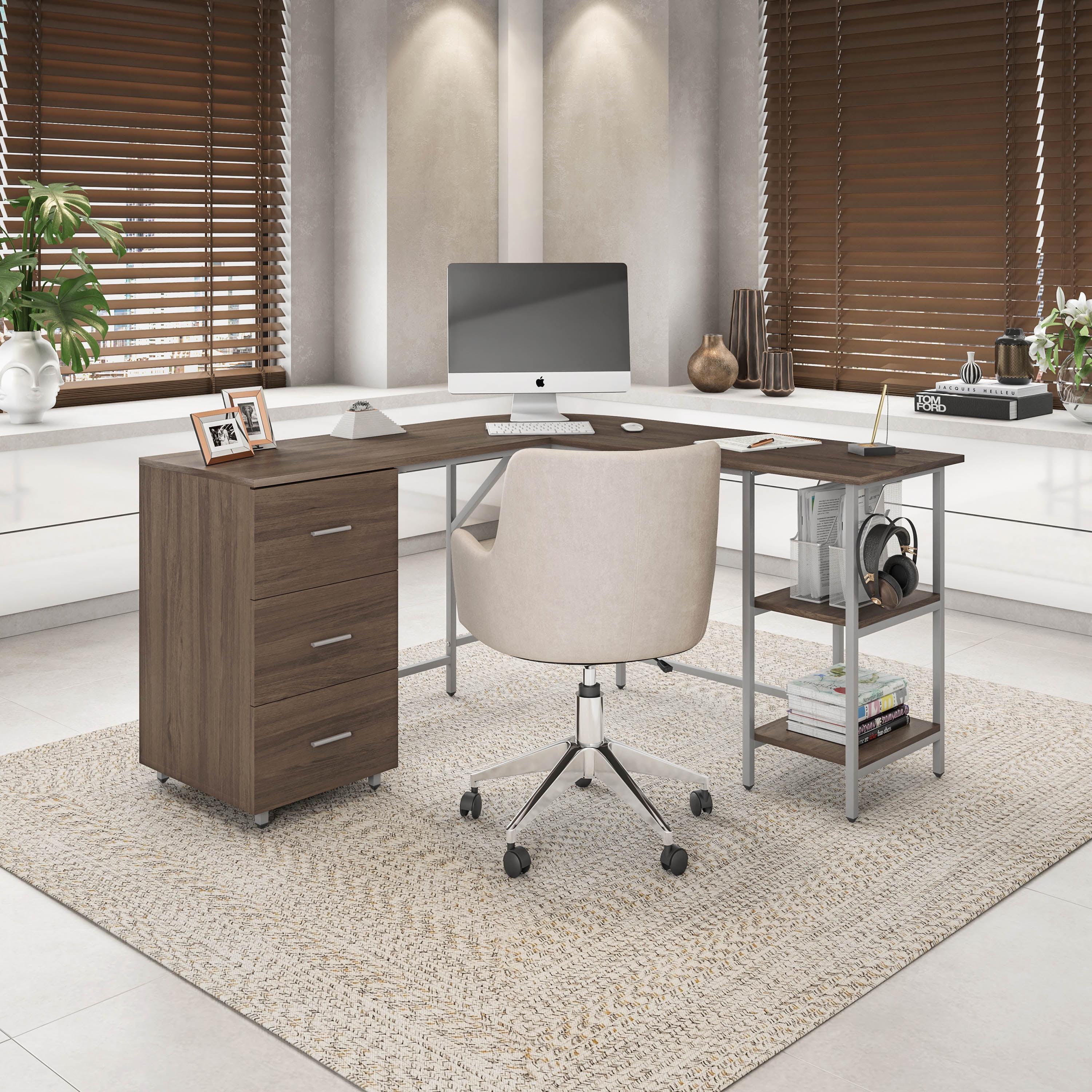 L Shape Home Office Two-Tone Desk with Storage - Techni Mobili