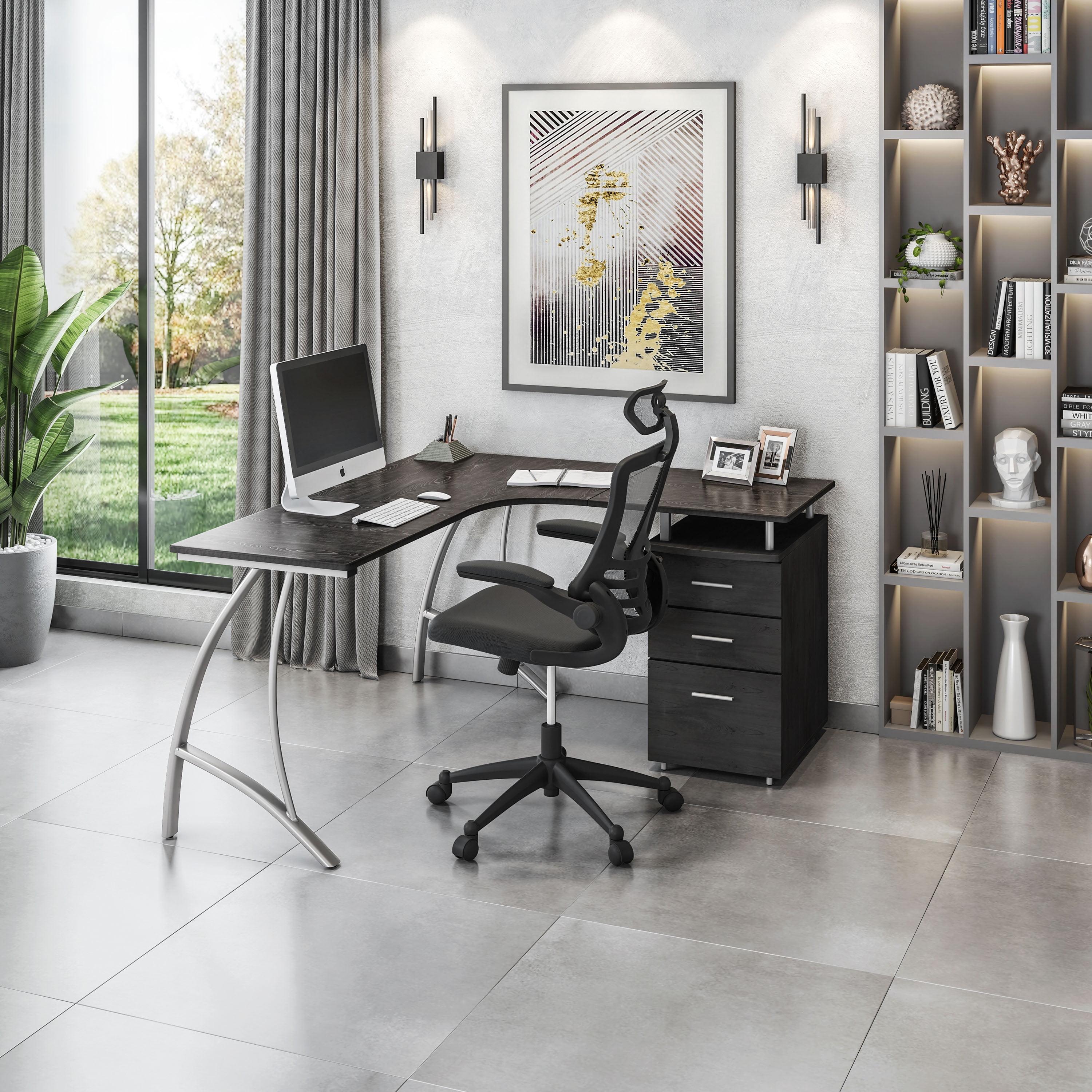 Espresso Wood L-Shaped Corner Desk with Drawer and Keyboard Tray