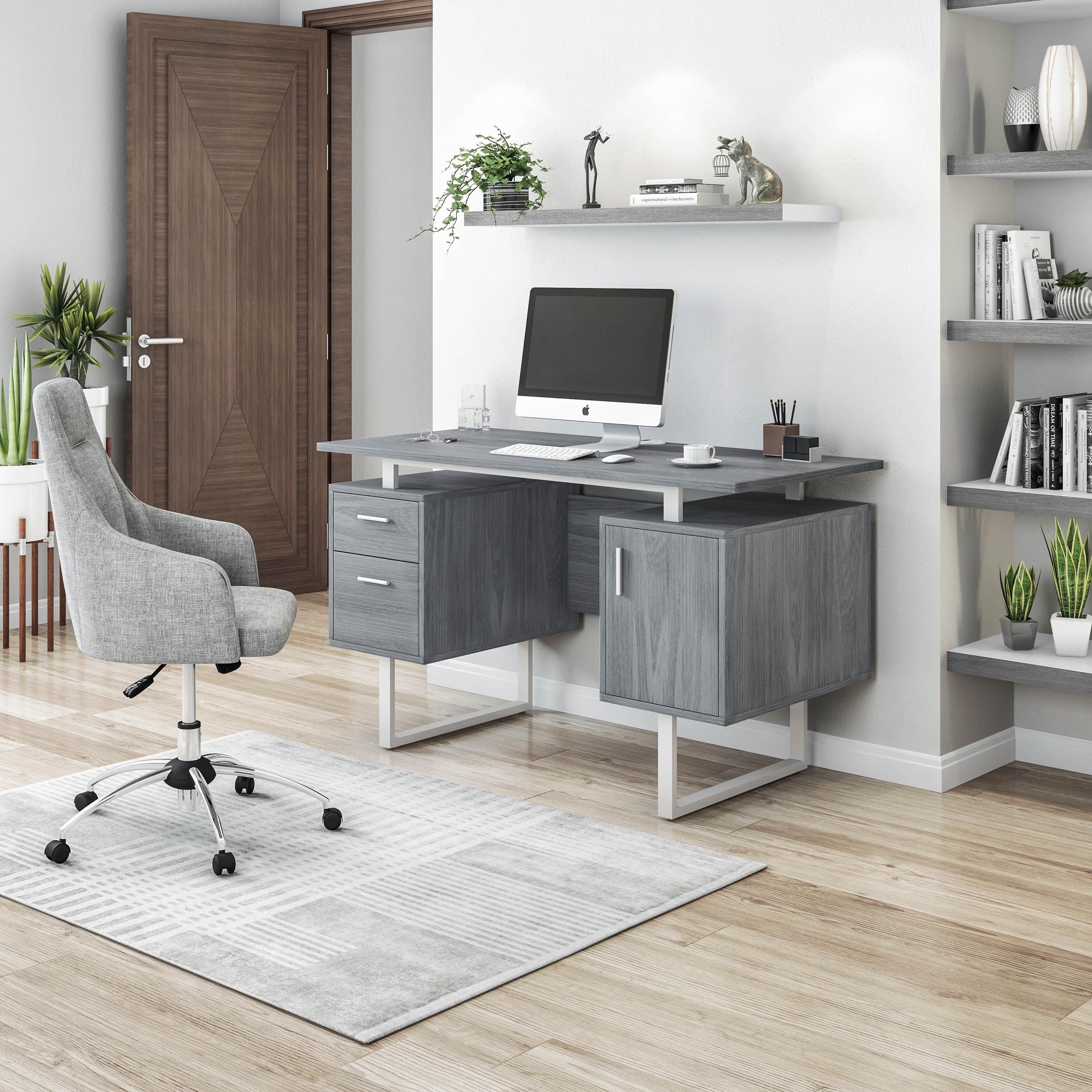 Sleek Modern Gray MDF Office Desk with Drawers and Filing Cabinet
