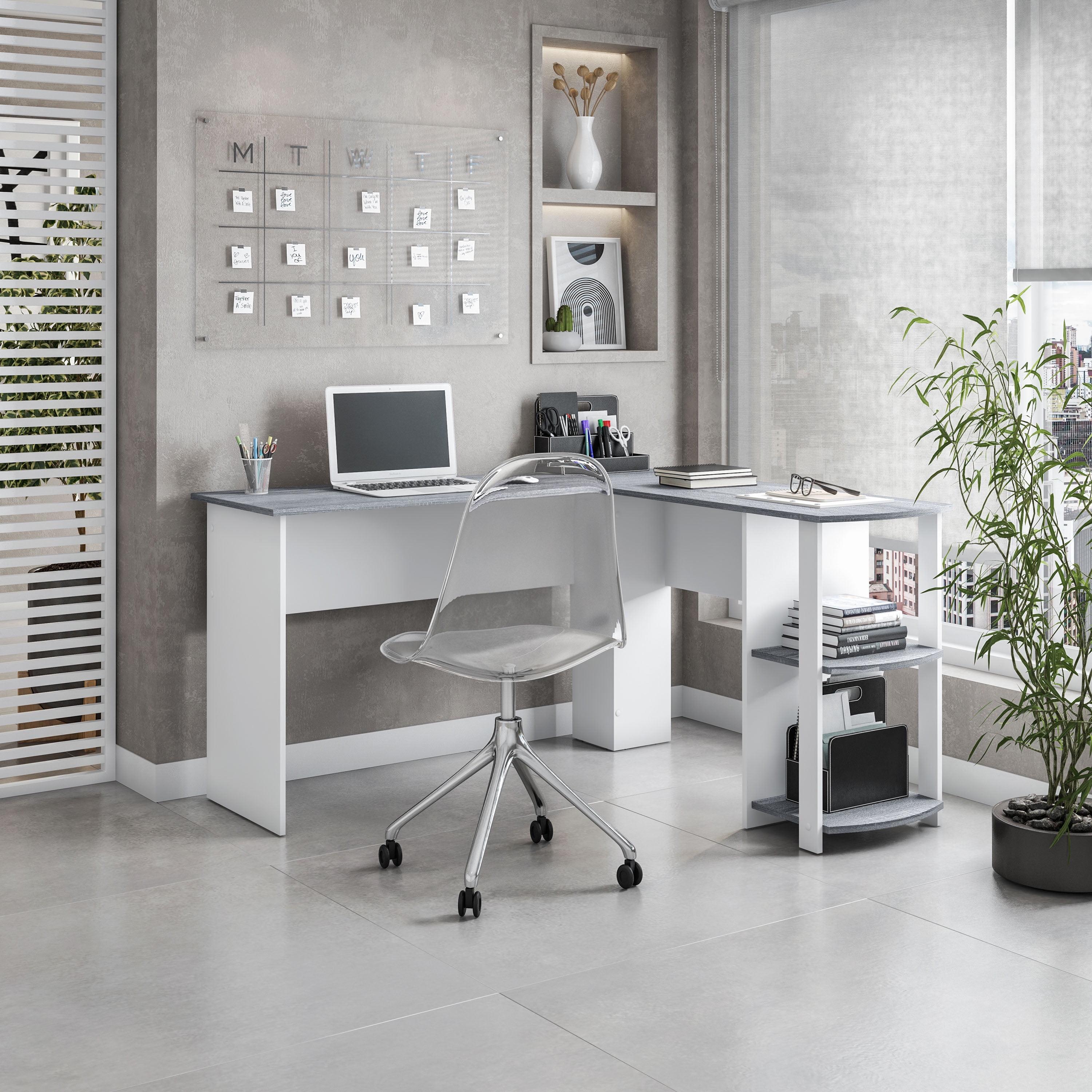 Modern L Shaped Desk with Side Shelves Gray - Techni Mobili: Home Office, Particle Board, 5 Year Warranty