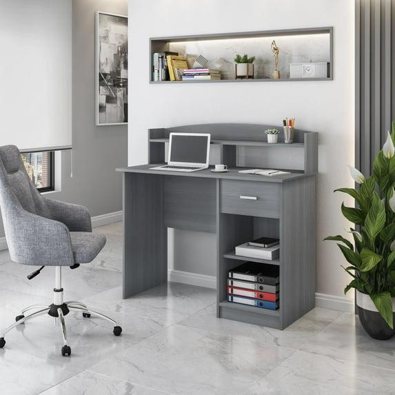 Modern Office Desk with Hutch Gray - Techni Mobili: Laminated Particle Board, Storage Hutch