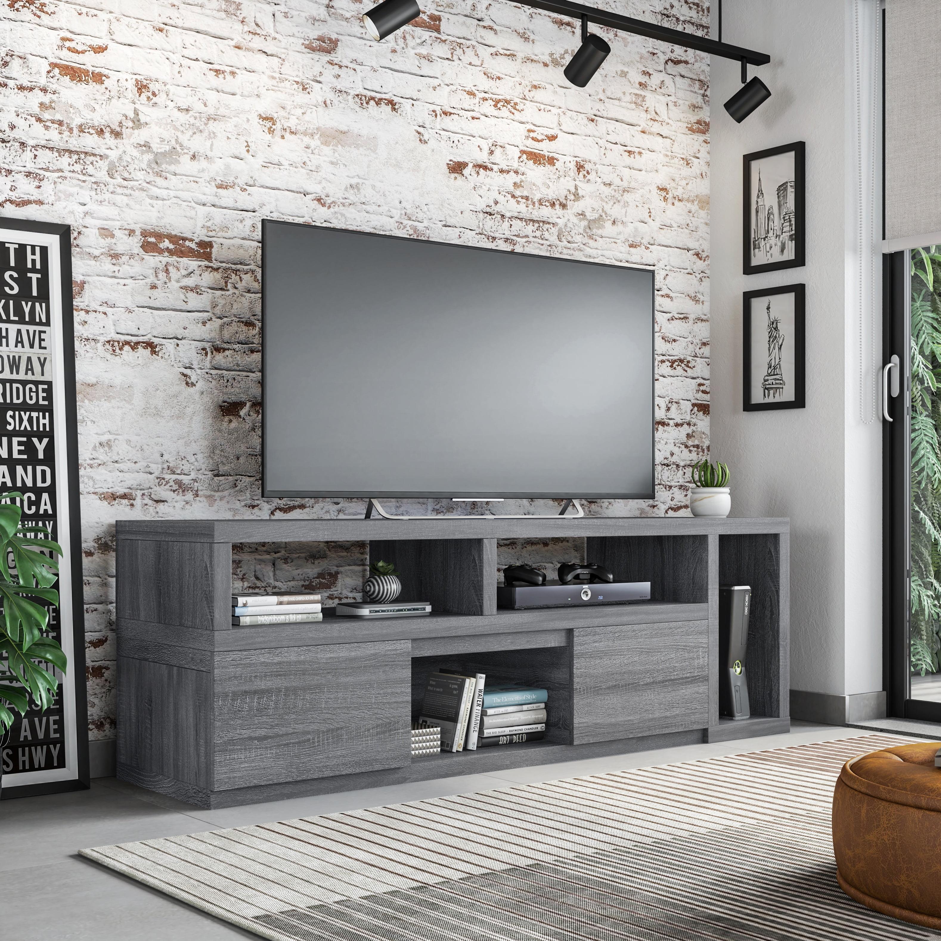 Adjustable TV Stand for TVs up to 65" Console Gray - Techni Mobili: Expandable, with Open Shelves & Metal Hardware