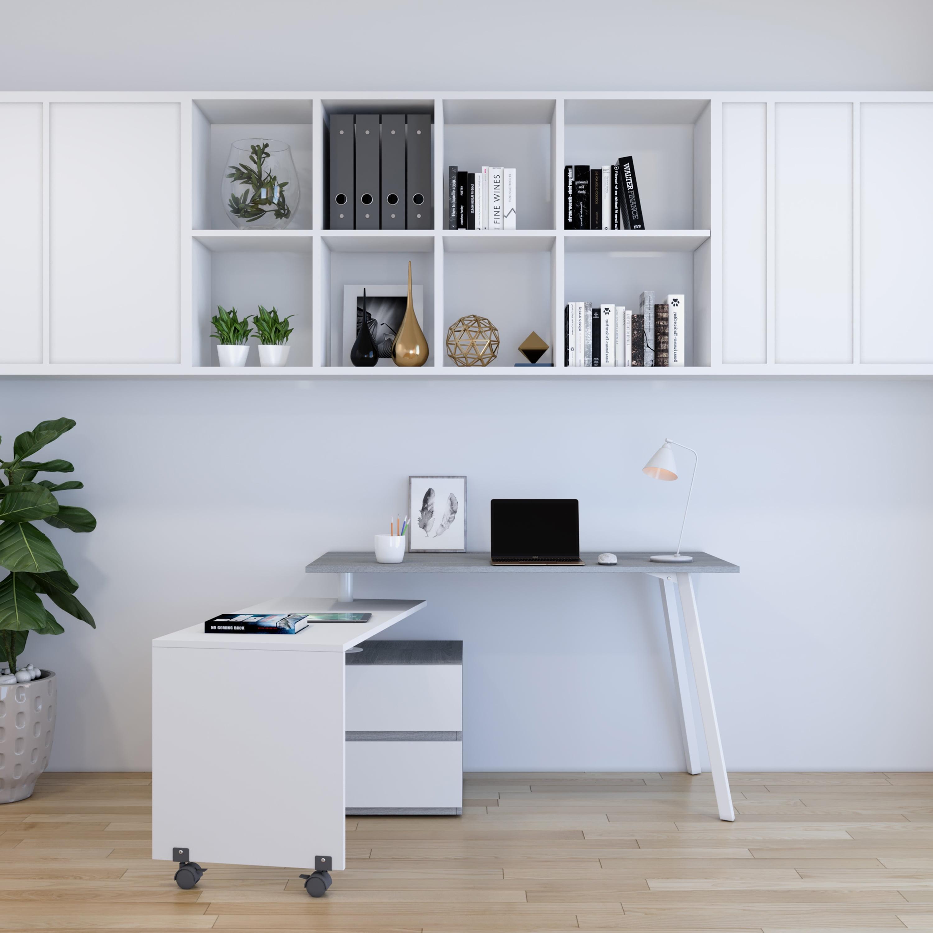 Grey and White Corner Computer Desk with Drawer and Keyboard Tray