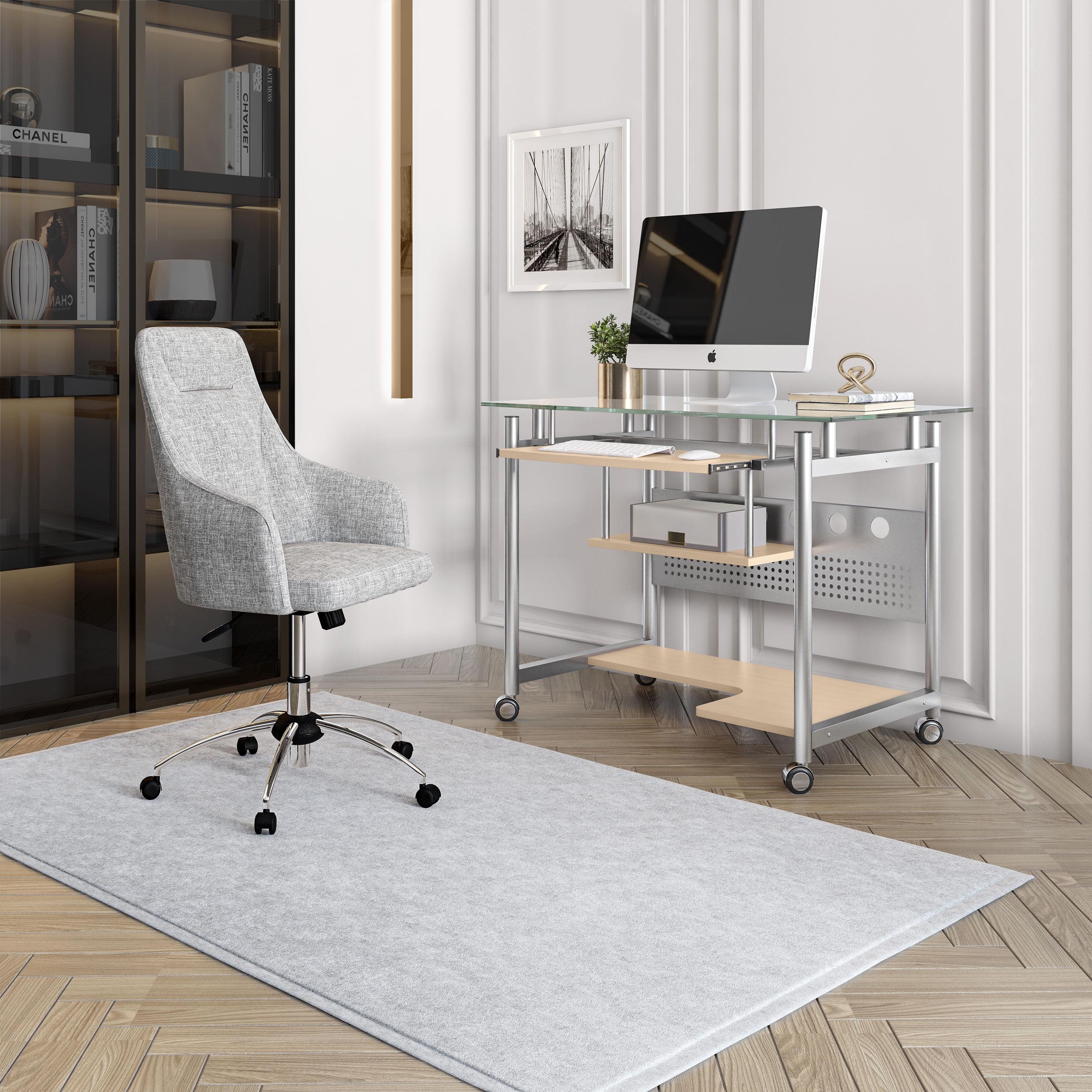 Frosted Glass and Silver Steel Rolling Computer Desk with Keyboard Tray