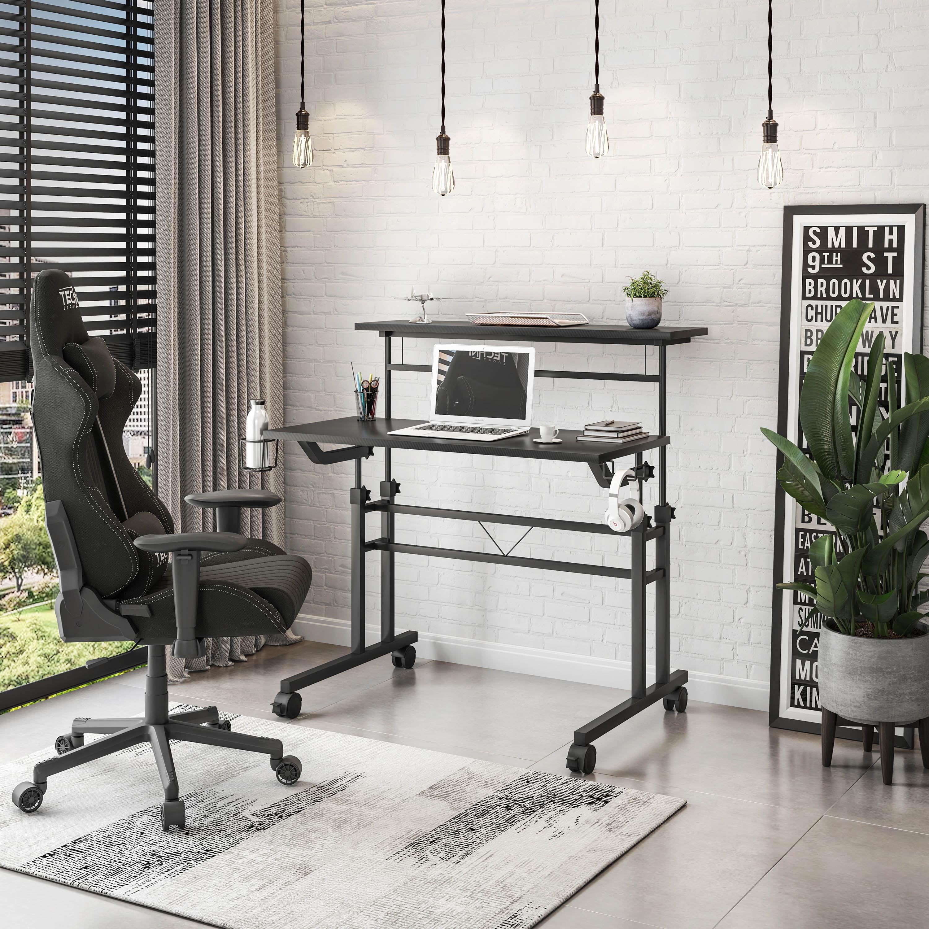 Inbox Zero Mobili Rolling Writing Desk – Height Adjustable with Moveable Shelf & Locking Wheels