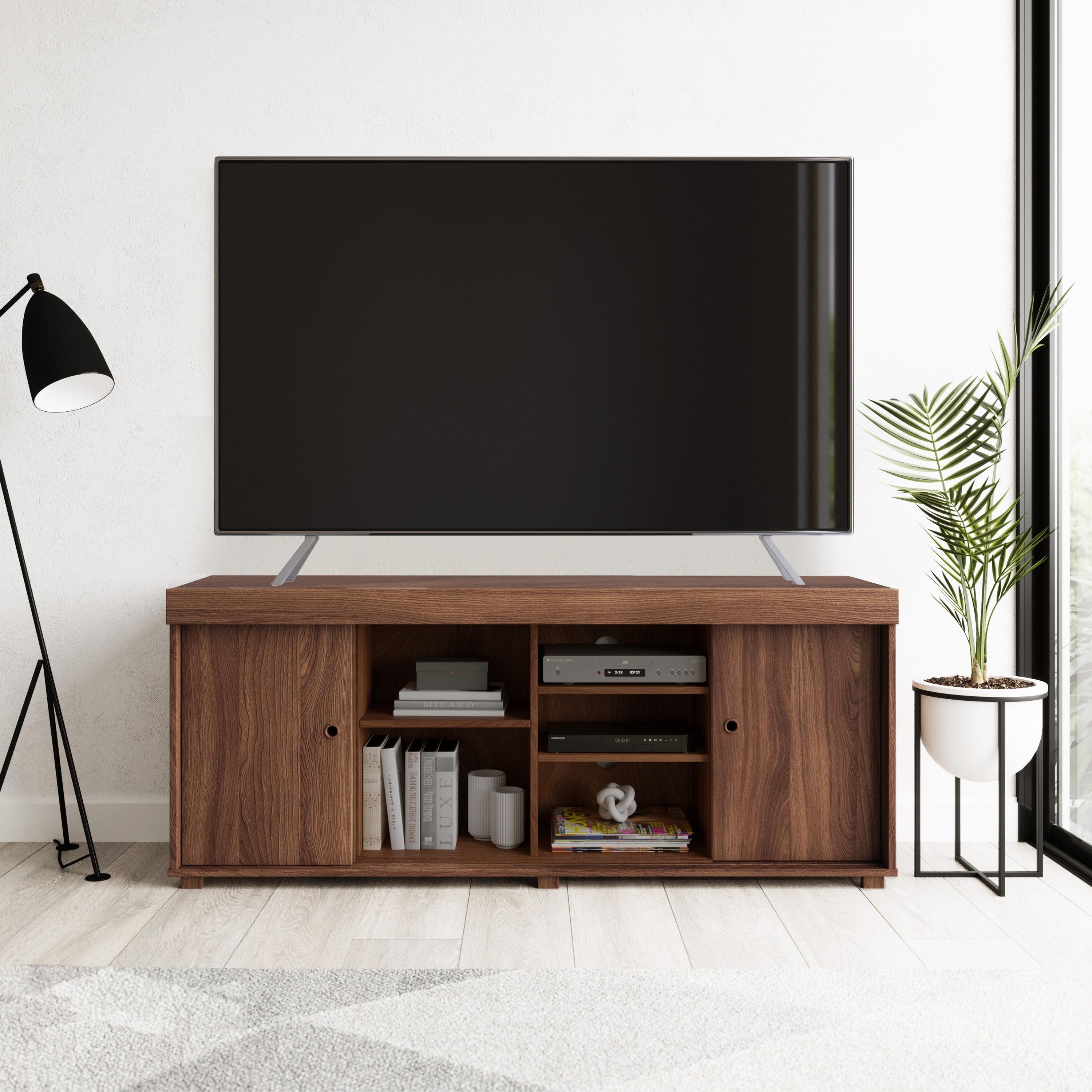 Modern Walnut 67" TV Stand with Open Shelves and Cabinet