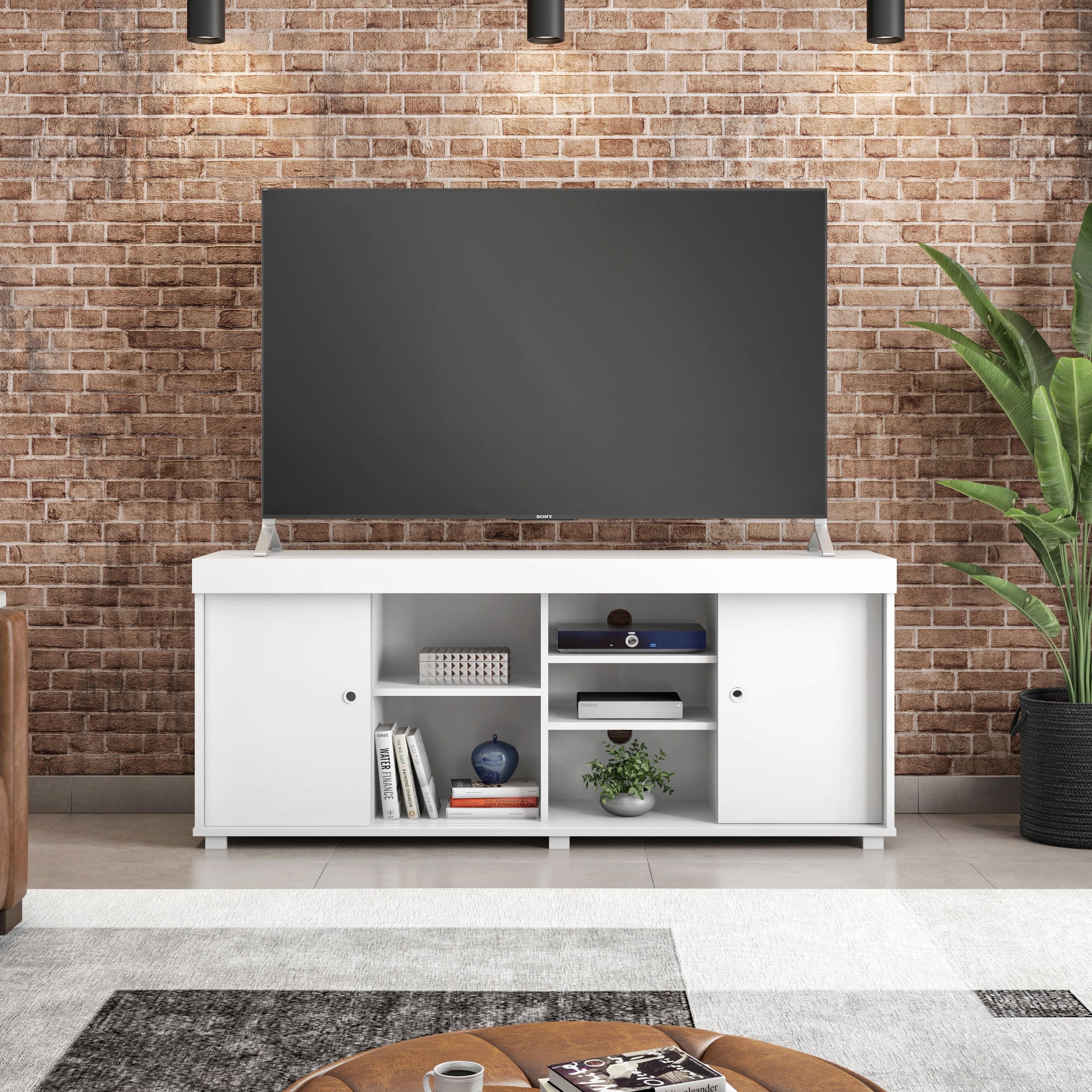 Modern White Particleboard TV Stand with Open Shelves and Cabinet