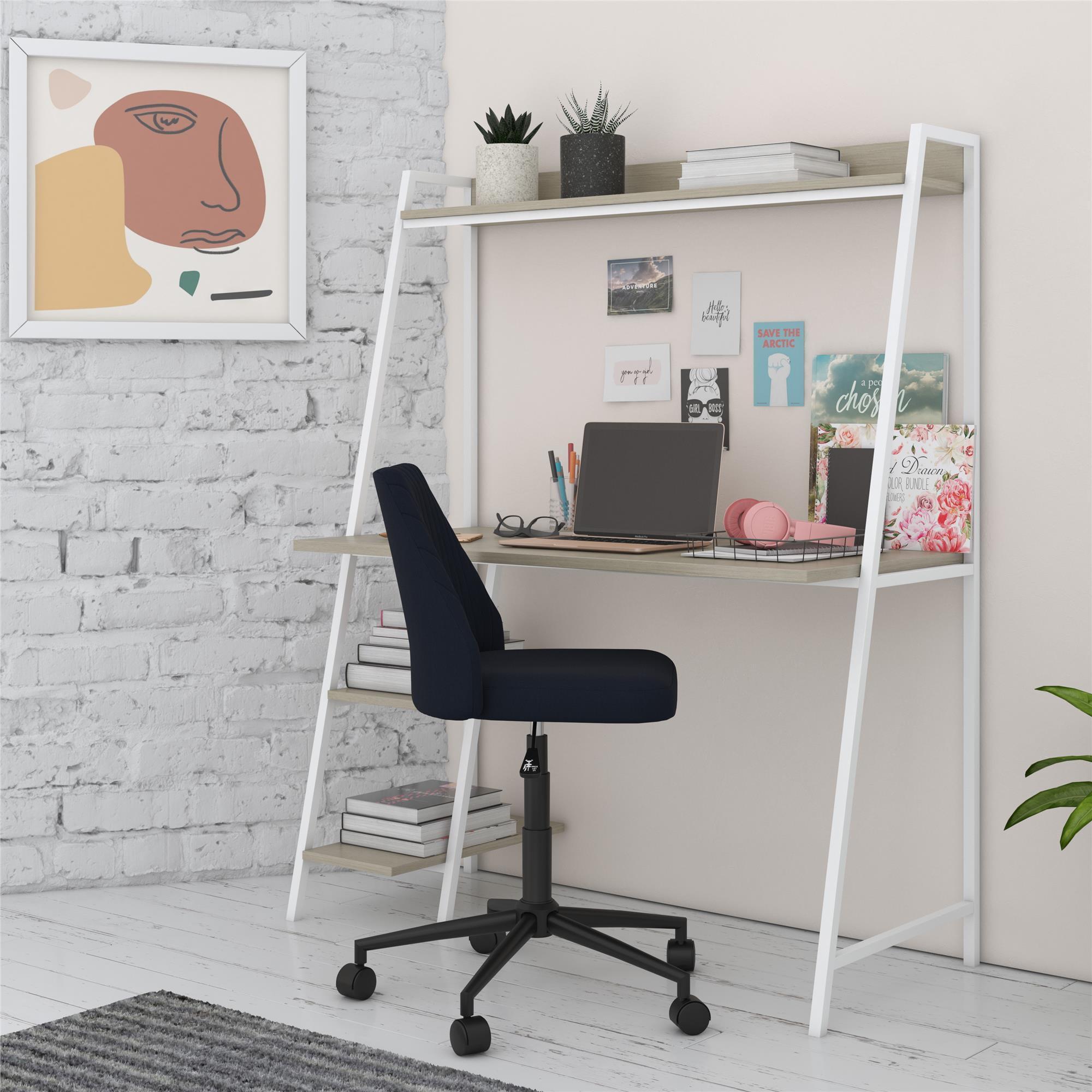 Pale Oak and White Metal Ladder Desk with Shelves