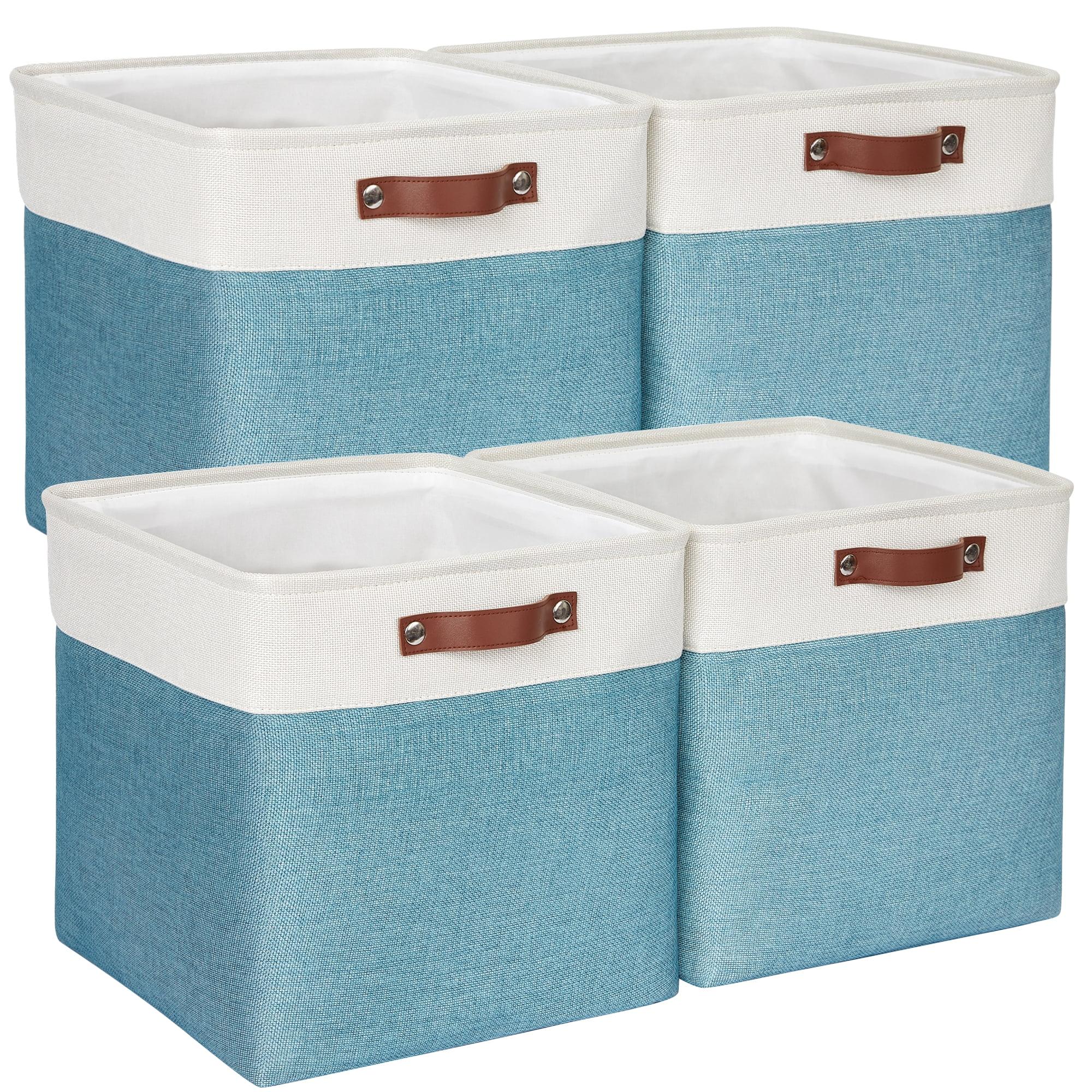 Tegance 13x13 Storage Cubes Baskets 4 Pack Fabric Cube Storage Bins Large Storage Baskets with Leather Handles,Decorative Storage Boxes for Organizing Shelves(WhiteGreen)