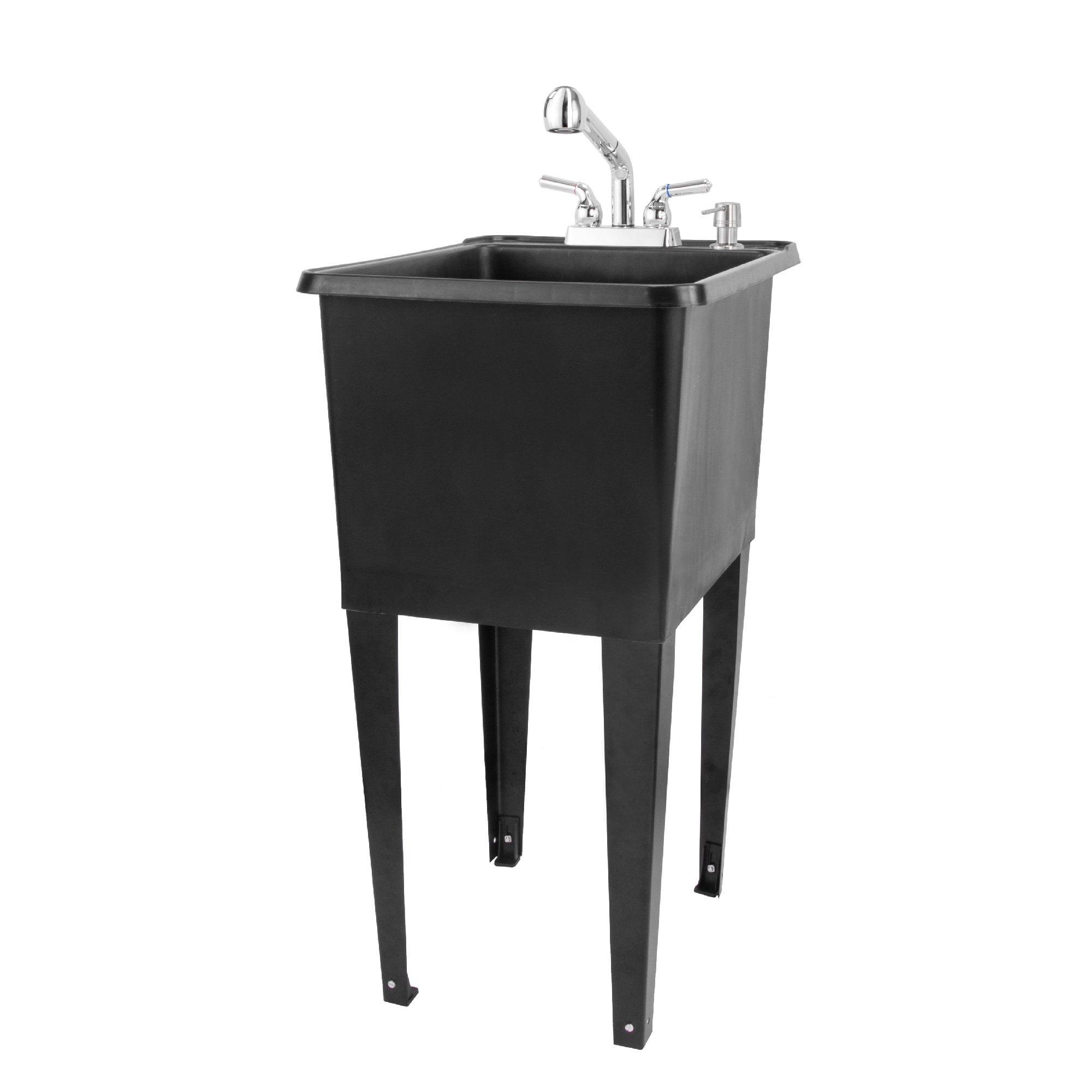 Black Freestanding Utility Sink with Chrome Faucet and Metal Legs