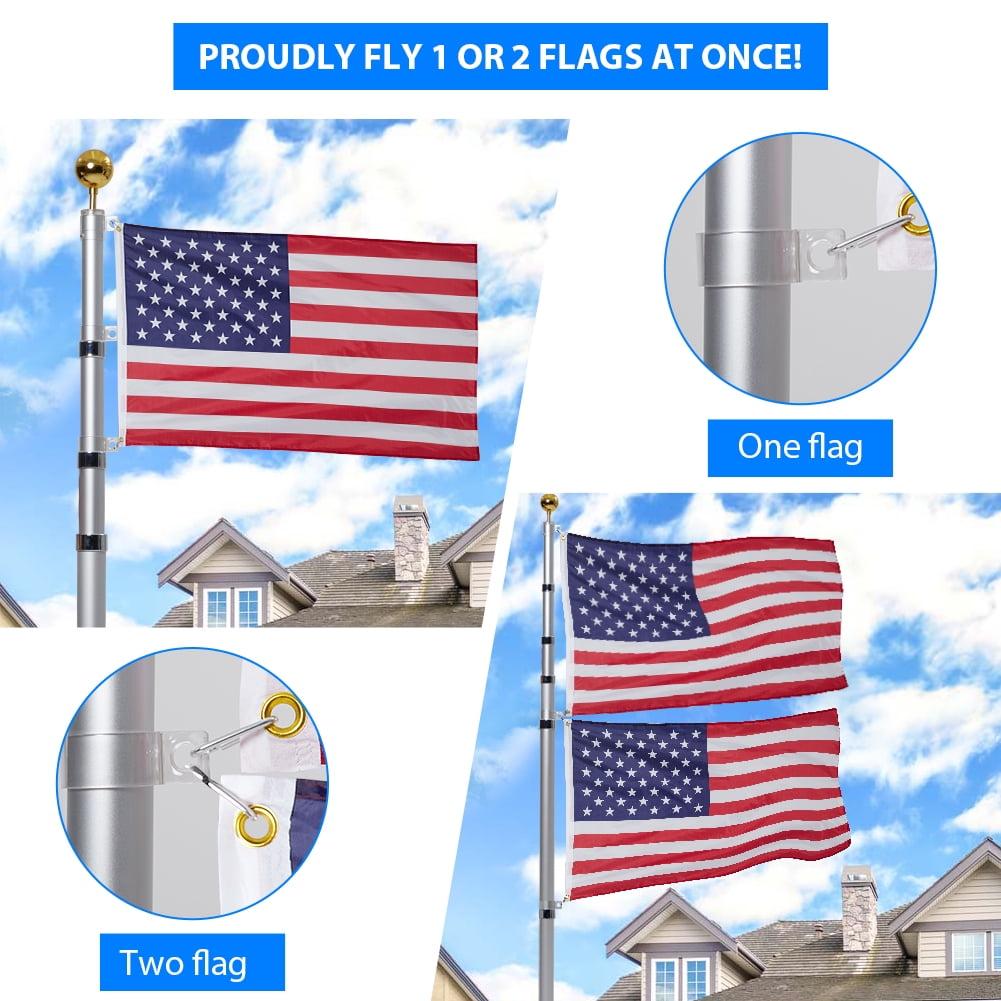 20 ft Telescopic Silver Aluminum Flagpole with American Flag and Gold Ball