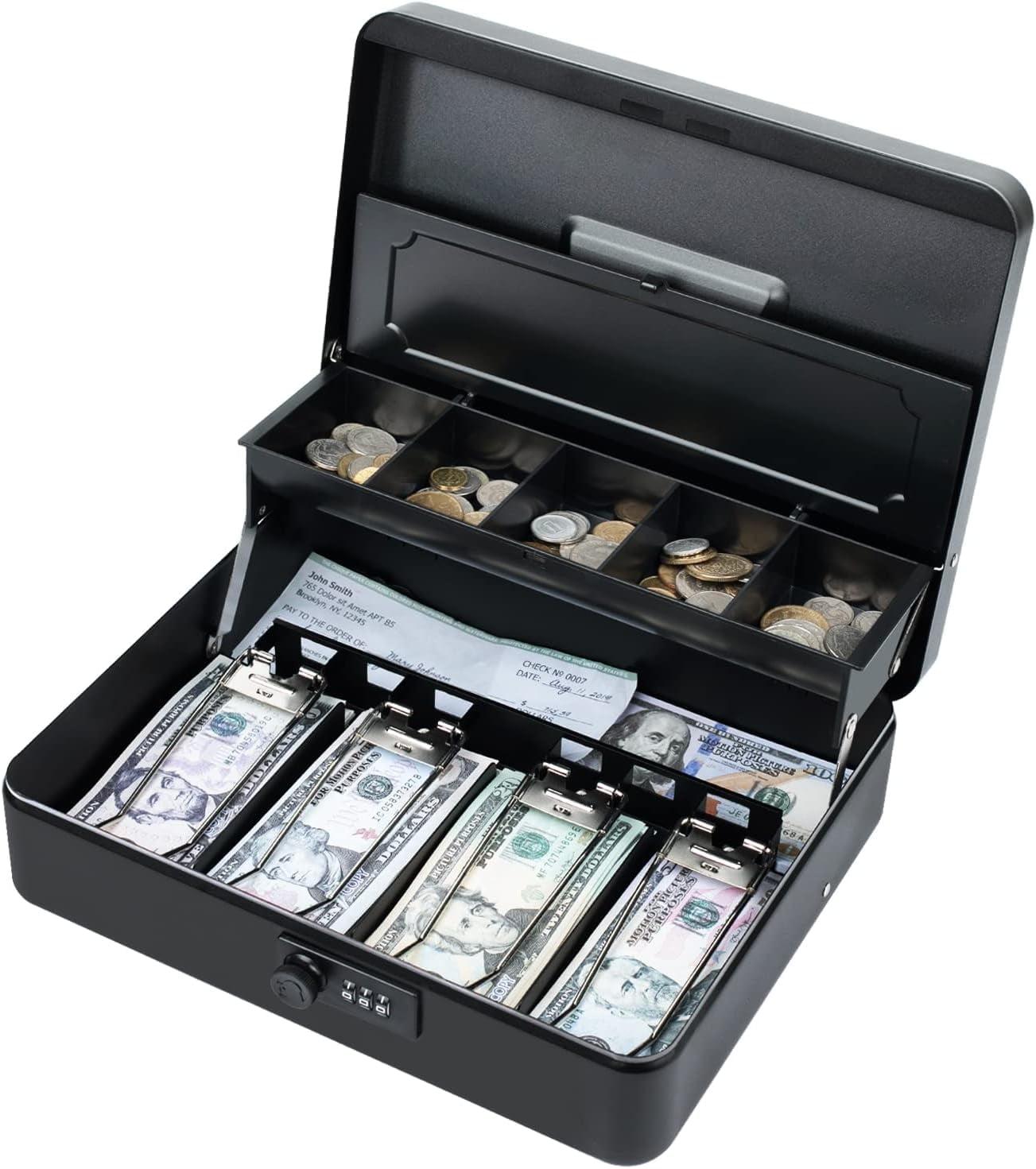 Black Steel Cash Box with Combination Lock and Money Tray