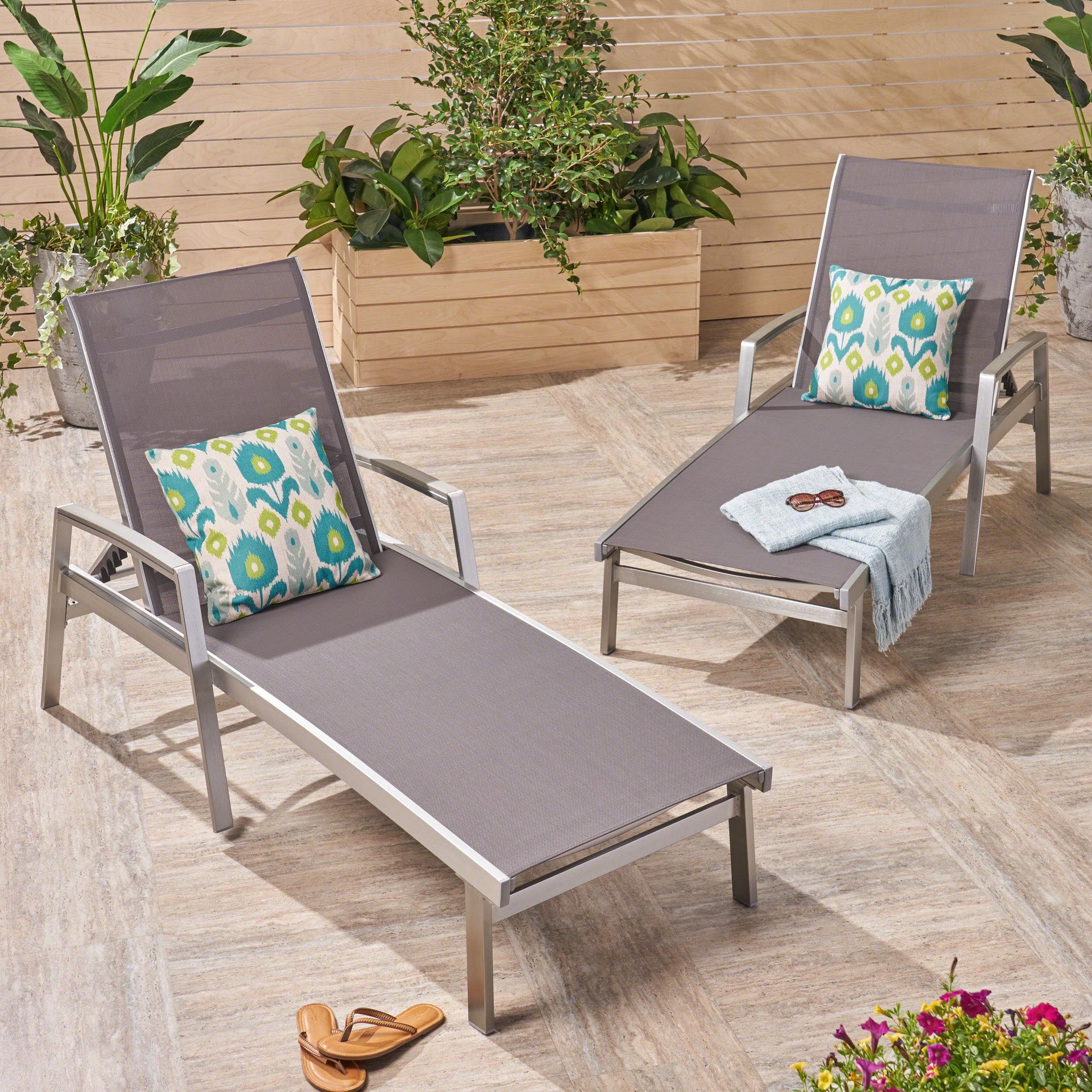 Gray Mesh and Silver Aluminum Outdoor Chaise Lounge Set