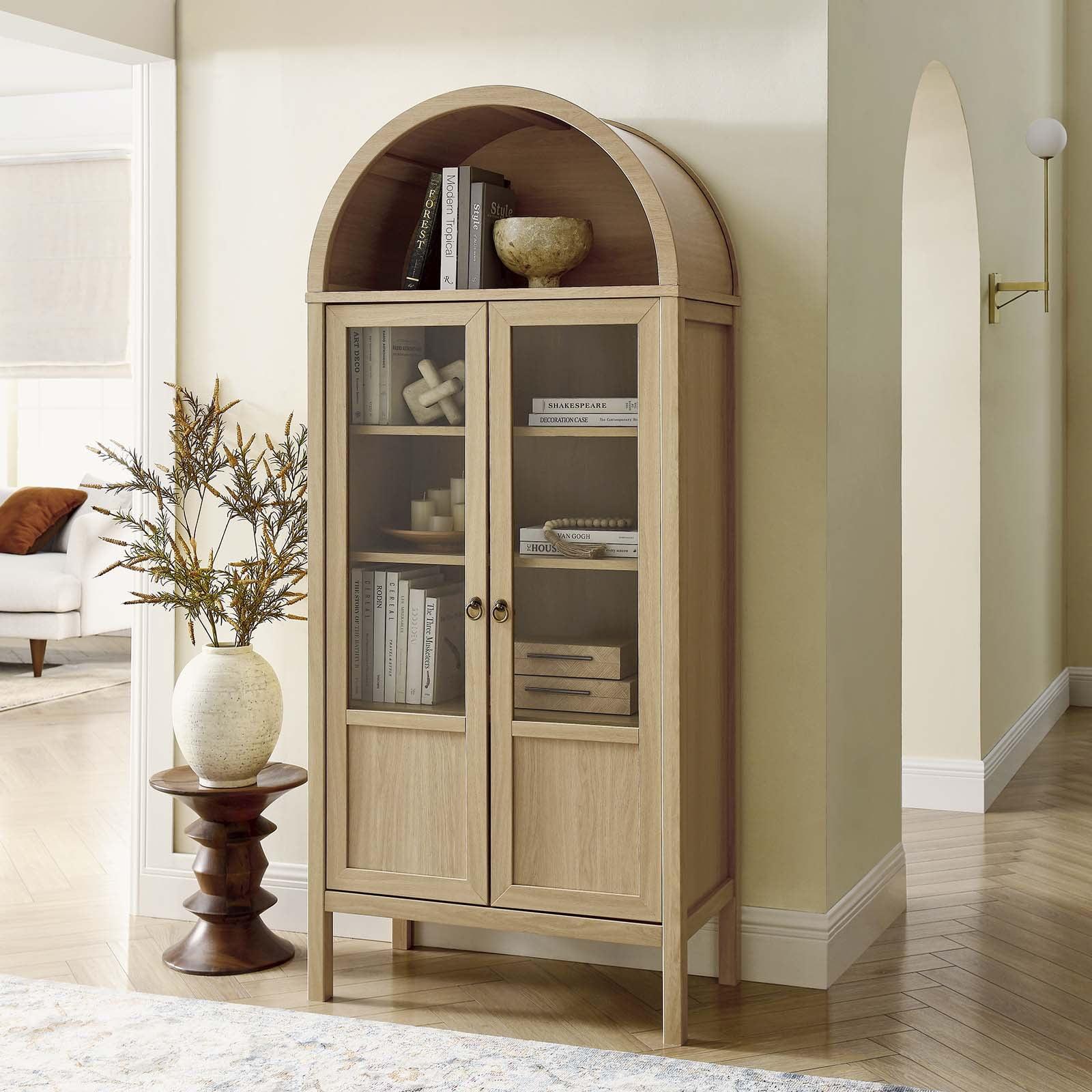 Modway Tessa Wood Tall Storage Display Cabinet with Rounded Arched Top in Oak