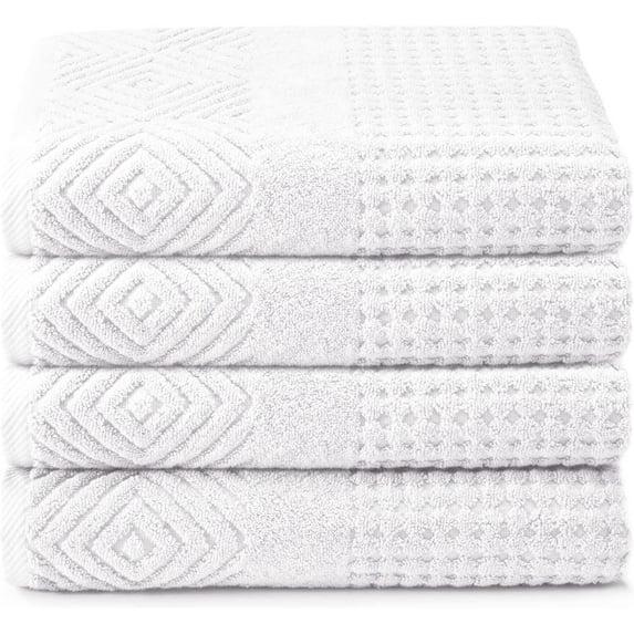 Texere 100% Organic Cotton Diamond Jacquard 700 GSM Luxury Bath Towel Sets - Ultra Soft and Absorbent Hotel and Spa Quality (Diamond, Bright White, 4 Bath Towels)