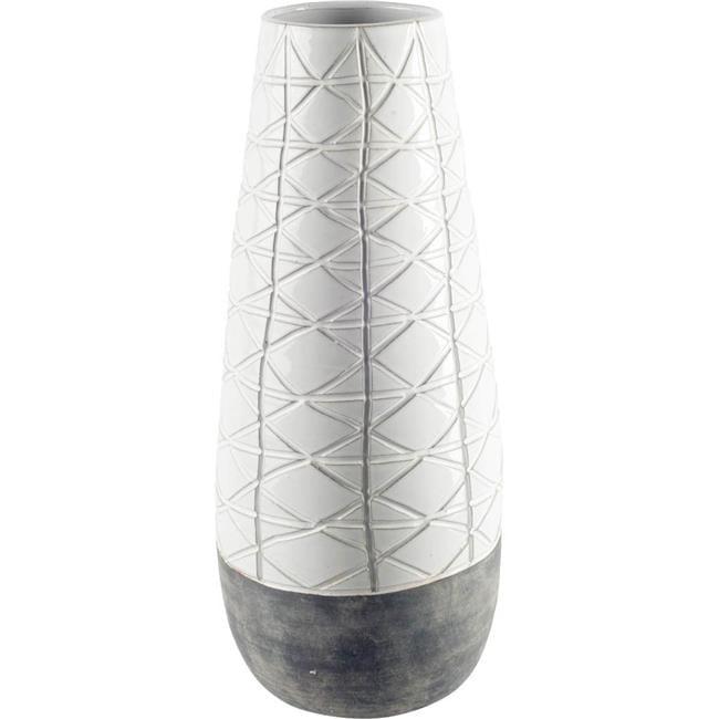 Tall White and Gray Geometric Ceramic Vase