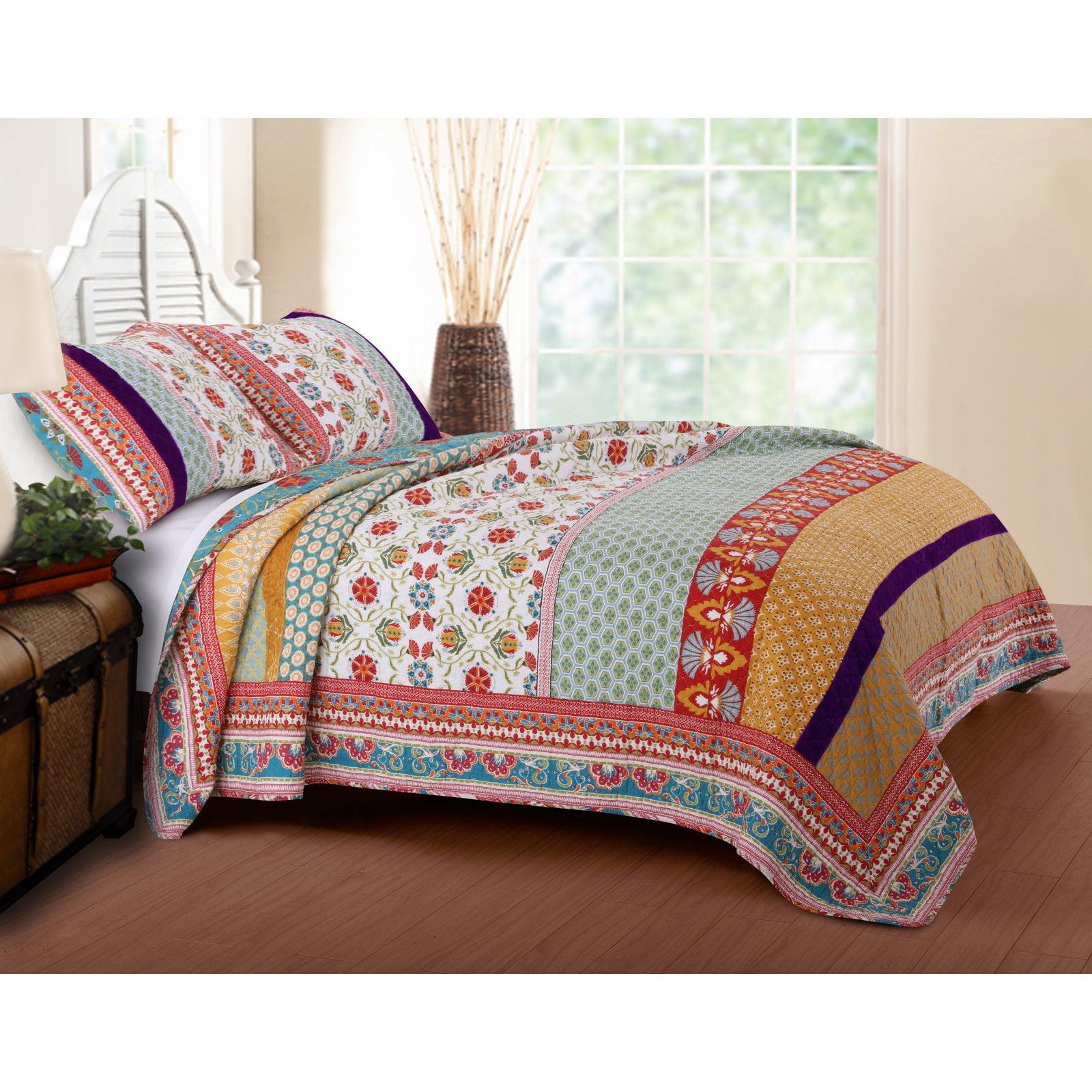 Bohemian Twin-Sized Blue Cotton Quilt Set with Velvet Embellishment